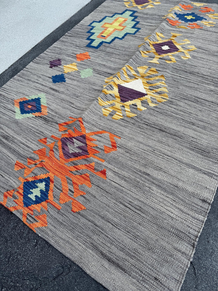 3x5 (91x152) Handmade Afghan Kilim Rug | Grey Charcoal Powder Denim Navy Blue Purple White Cream Yellow Orange Saffron | Wool Flatweave