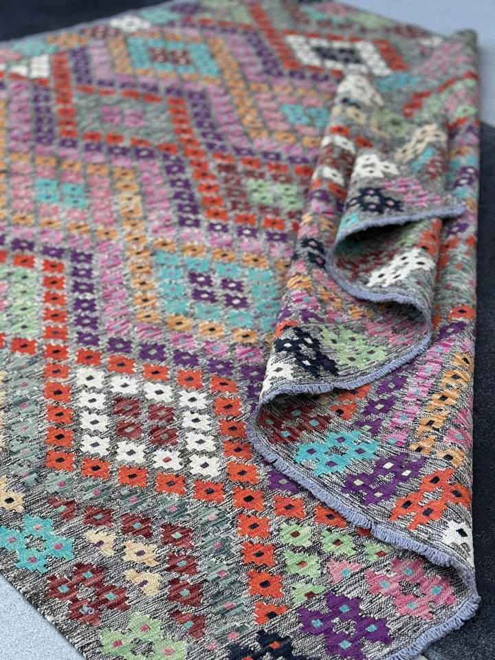 6x8 Handmade Afghan Kilim Runner Rug | Grey Fuchsia Pink Mint Green Aqua Prussian Blue Wine Red Orange White Black Purple Peach Orange Tan