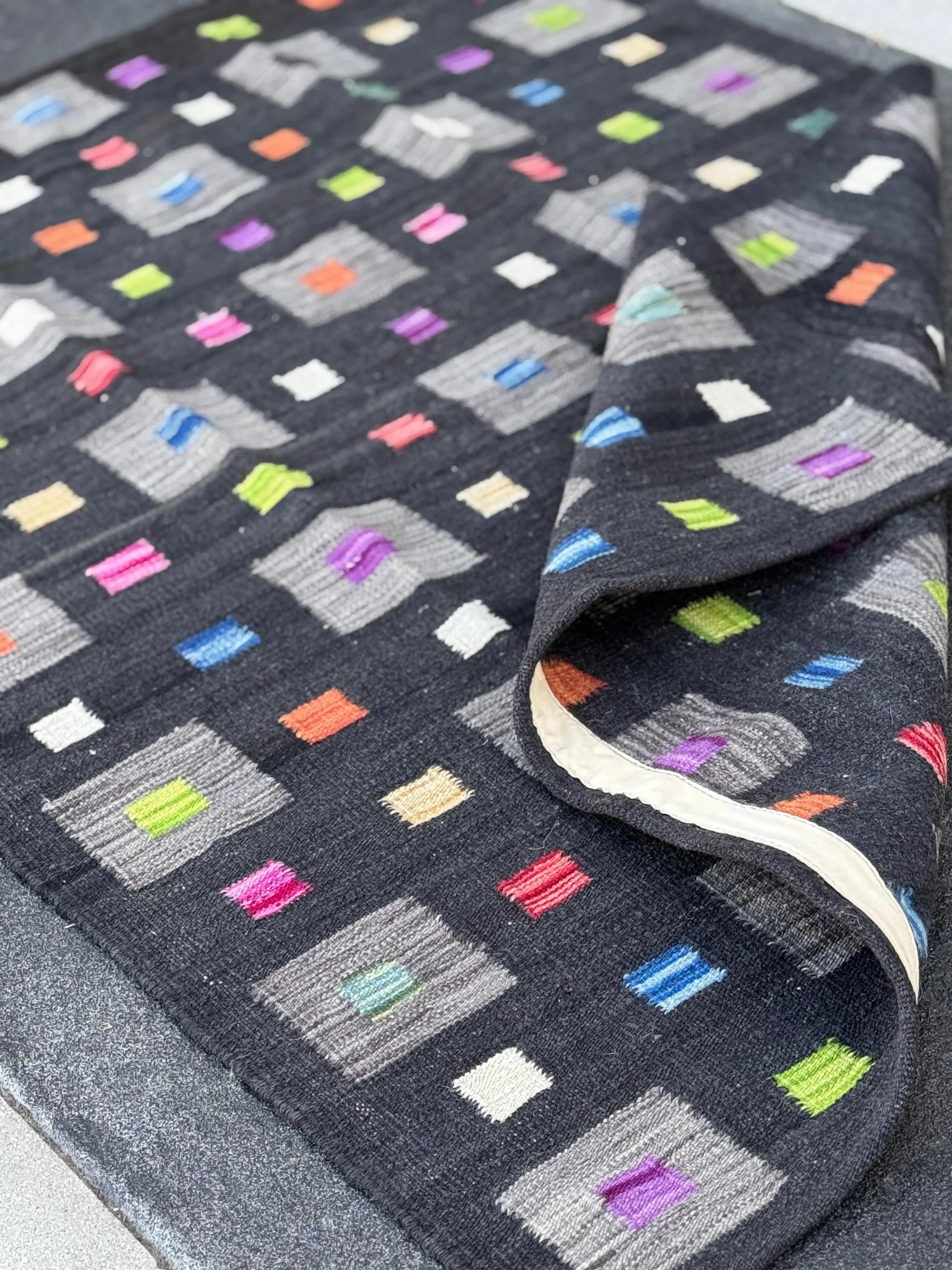 3x5 (91x152) Handmade Afghan Kilim Rug | Black Grey Lime Green Peach Orange Saffron Yellow Cream Denim Teal Blue Fuchsia Pink Purple | Wool
