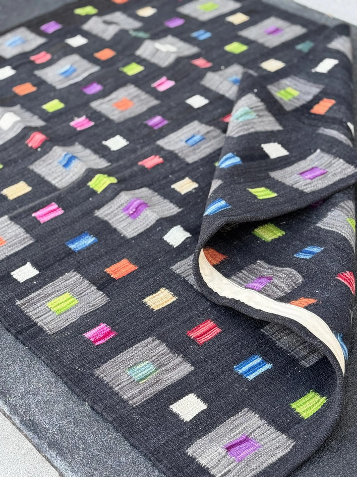 3x5 (91x152) Handmade Afghan Kilim Rug | Black Grey Lime Green Peach Orange Saffron Yellow Cream Denim Teal Blue Fuchsia Pink Purple | Wool