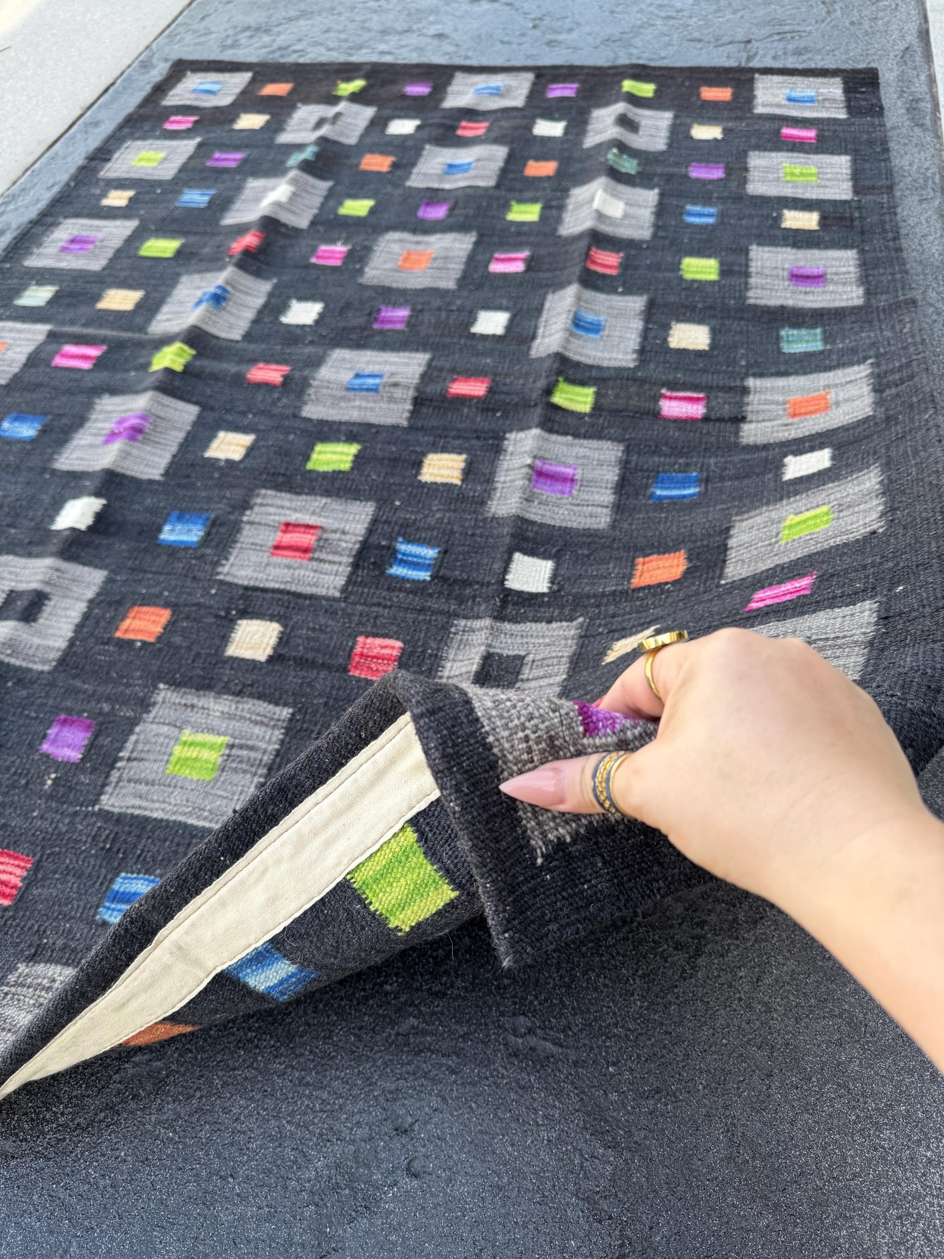 3x5 (91x152) Handmade Afghan Kilim Rug | Black Grey Lime Green Peach Orange Saffron Yellow Cream Denim Teal Blue Fuchsia Pink Purple | Wool