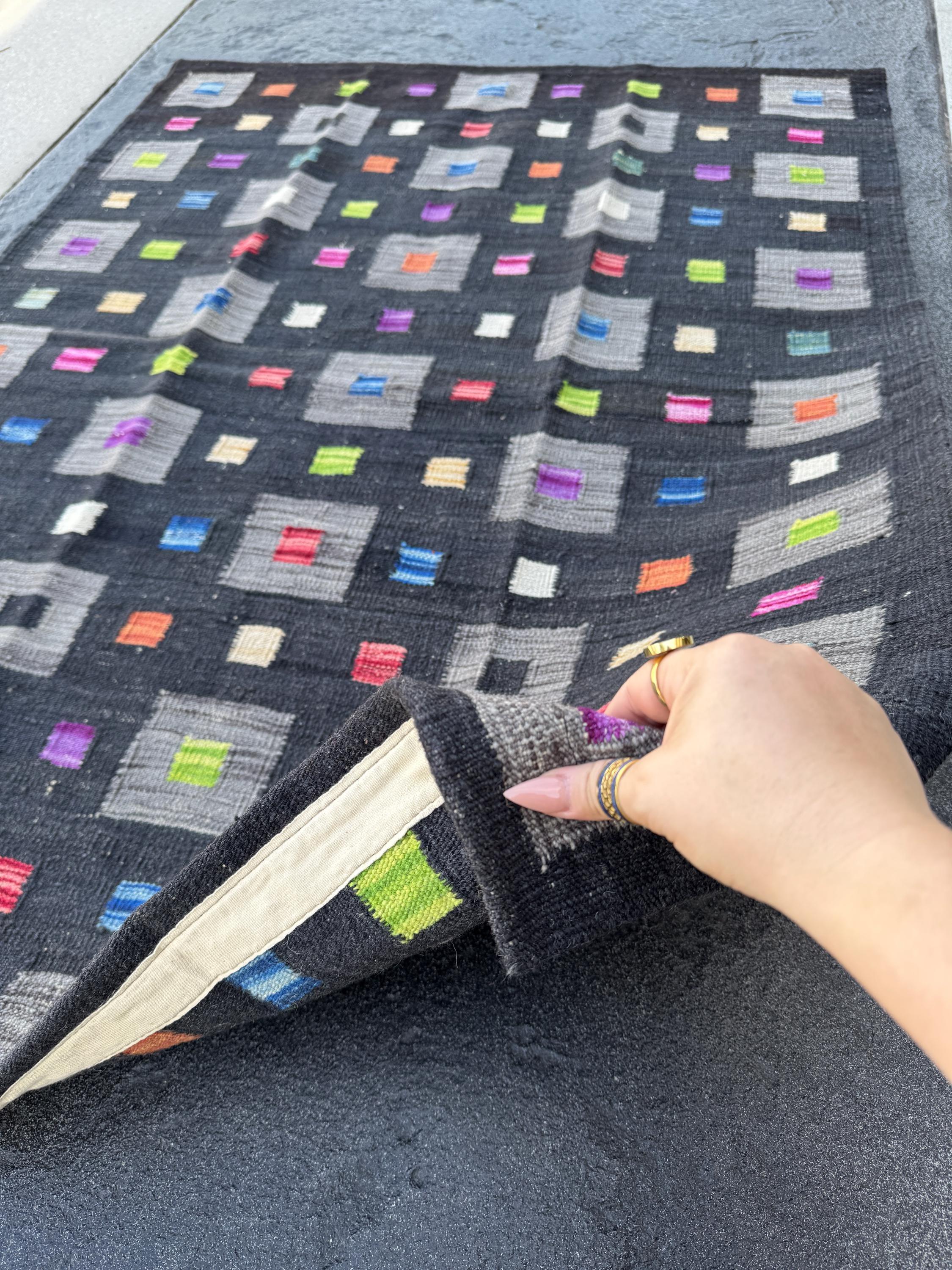 3x5 (91x152) Handmade Afghan Kilim Rug | Black Grey Lime Green Peach Orange Saffron Yellow Cream Denim Teal Blue Fuchsia Pink Purple | Wool
