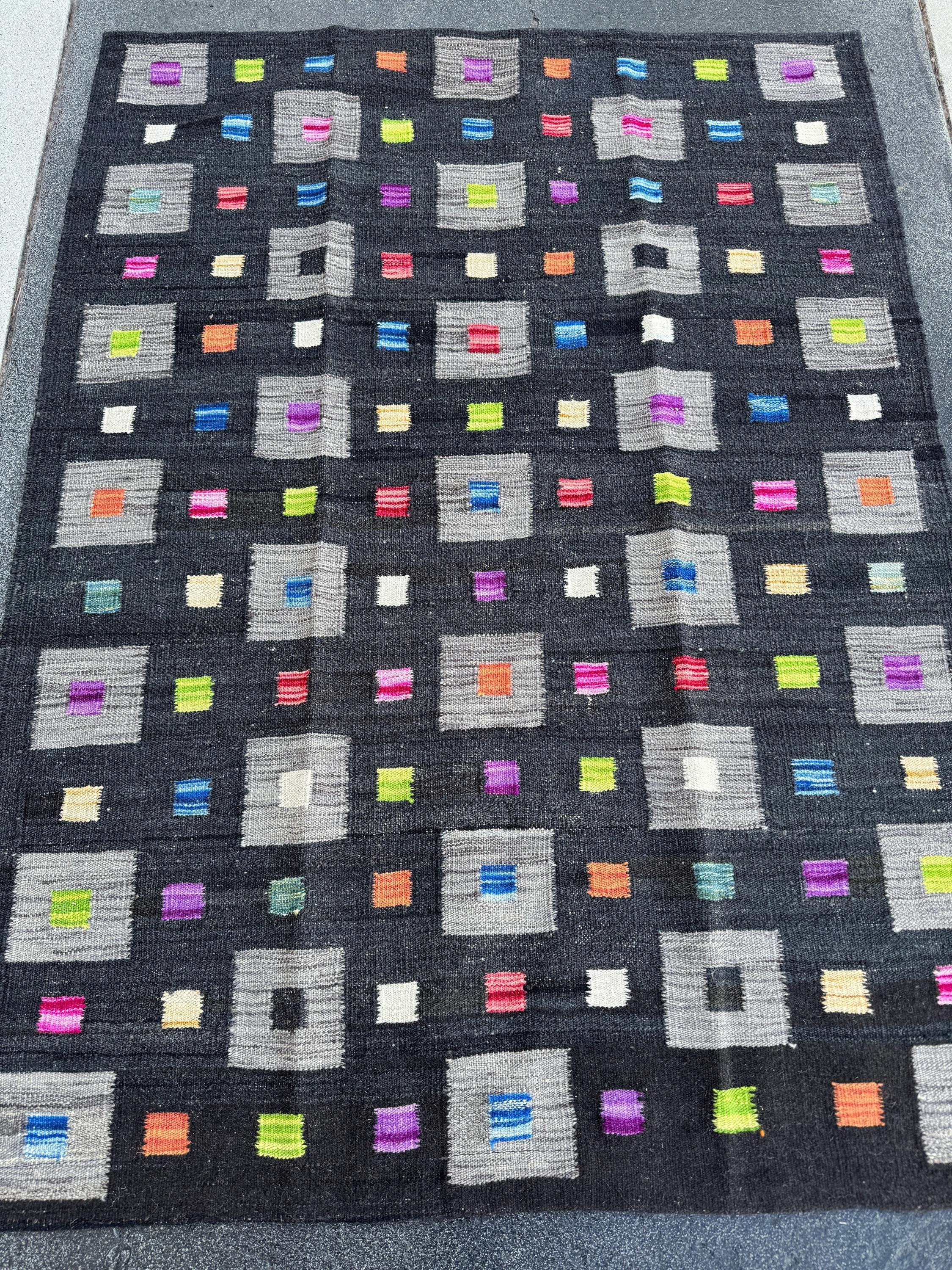3x5 (91x152) Handmade Afghan Kilim Rug | Black Grey Lime Green Peach Orange Saffron Yellow Cream Denim Teal Blue Fuchsia Pink Purple | Wool