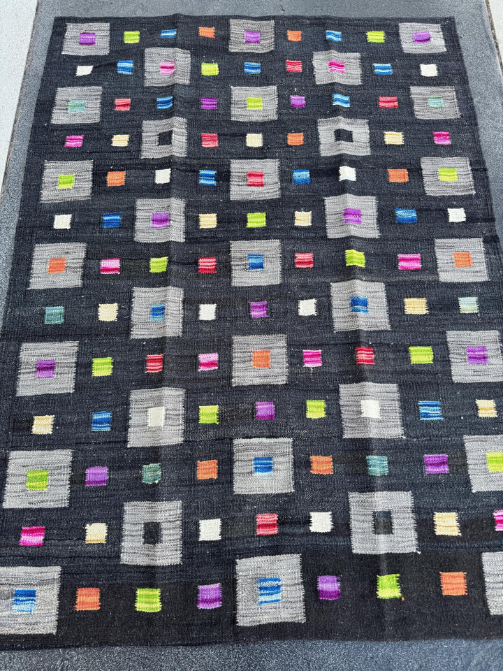 3x5 (91x152) Handmade Afghan Kilim Rug | Black Grey Lime Green Peach Orange Saffron Yellow Cream Denim Teal Blue Fuchsia Pink Purple | Wool