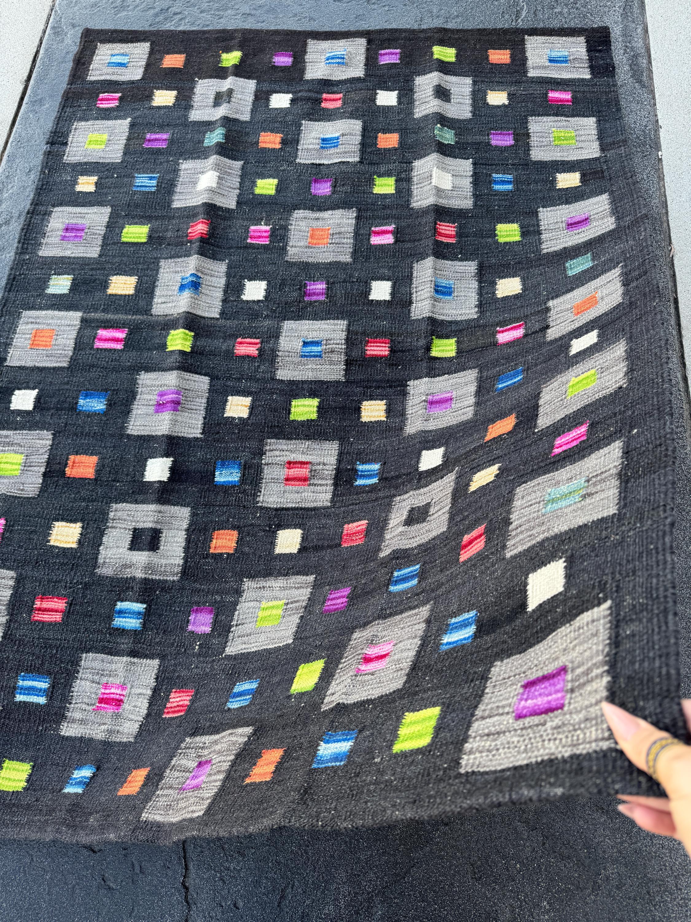 3x5 (91x152) Handmade Afghan Kilim Rug | Black Grey Lime Green Peach Orange Saffron Yellow Cream Denim Teal Blue Fuchsia Pink Purple | Wool