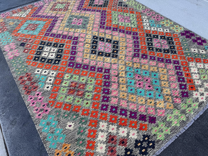 5x7 Handmade Afghan Kilim Runner Rug | Grey Black Cream White Lime Forest Green Saffron Peach Orange Purple Fuchsia Baby Pink Aqua Blue Wine