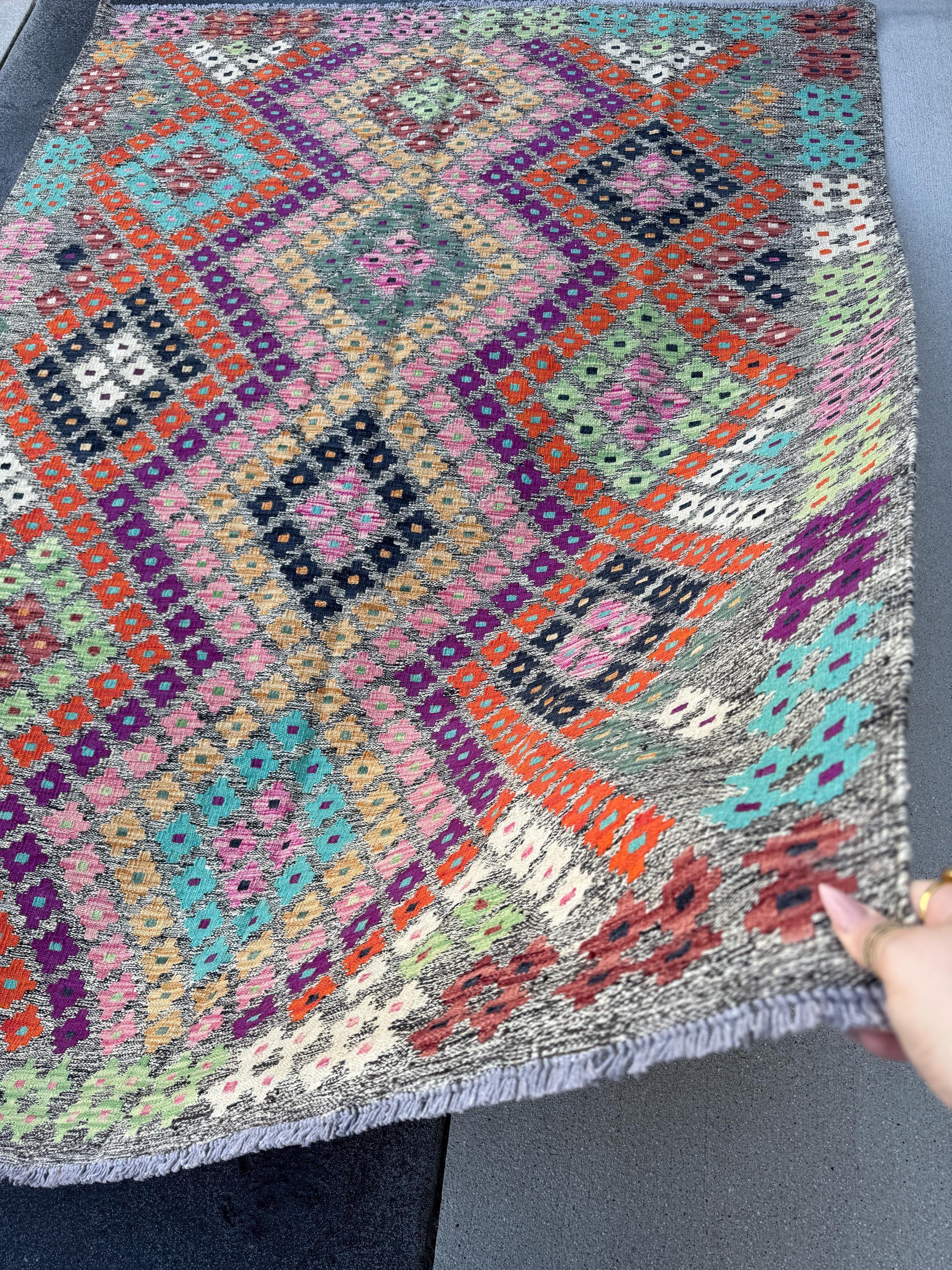 5x7 Handmade Afghan Kilim Runner Rug | Grey Black Cream White Lime Forest Green Saffron Peach Orange Purple Fuchsia Baby Pink Aqua Blue Wine