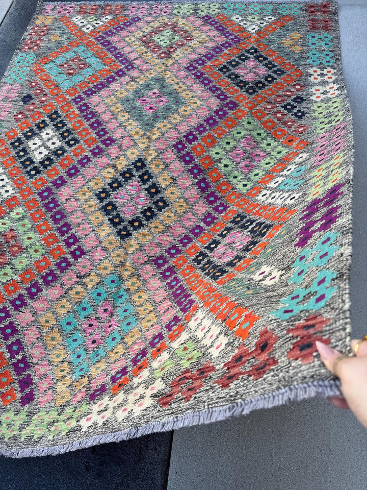 5x7 Handmade Afghan Kilim Runner Rug | Grey Black Cream White Lime Forest Green Saffron Peach Orange Purple Fuchsia Baby Pink Aqua Blue Wine