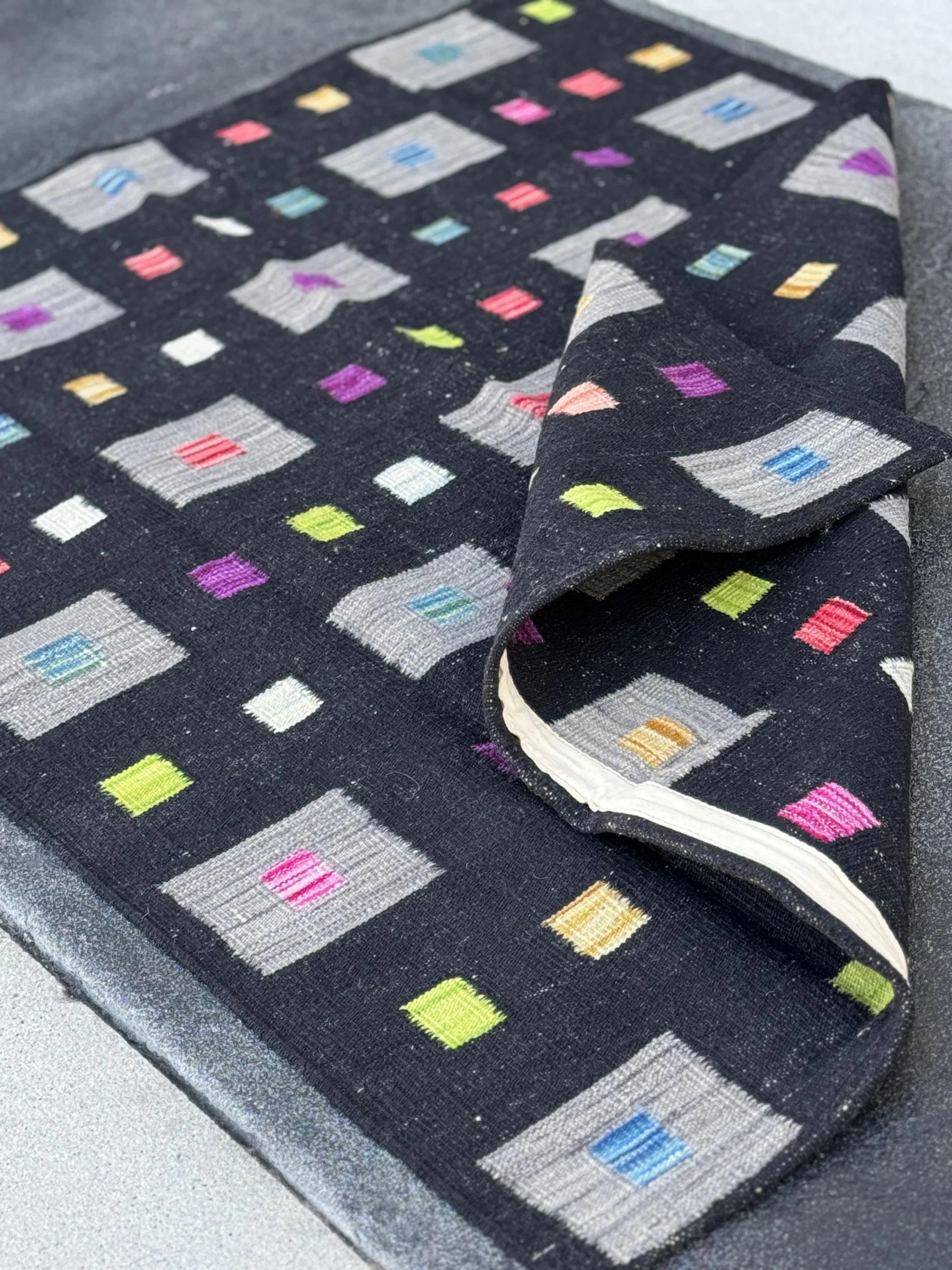 5x6 (152x182) Handmade Afghan Kilim Rug | Black Grey Lime Green Peach Orange Saffron Yellow Cream Denim Teal Blue Fuchsia Pink Purple | Wool