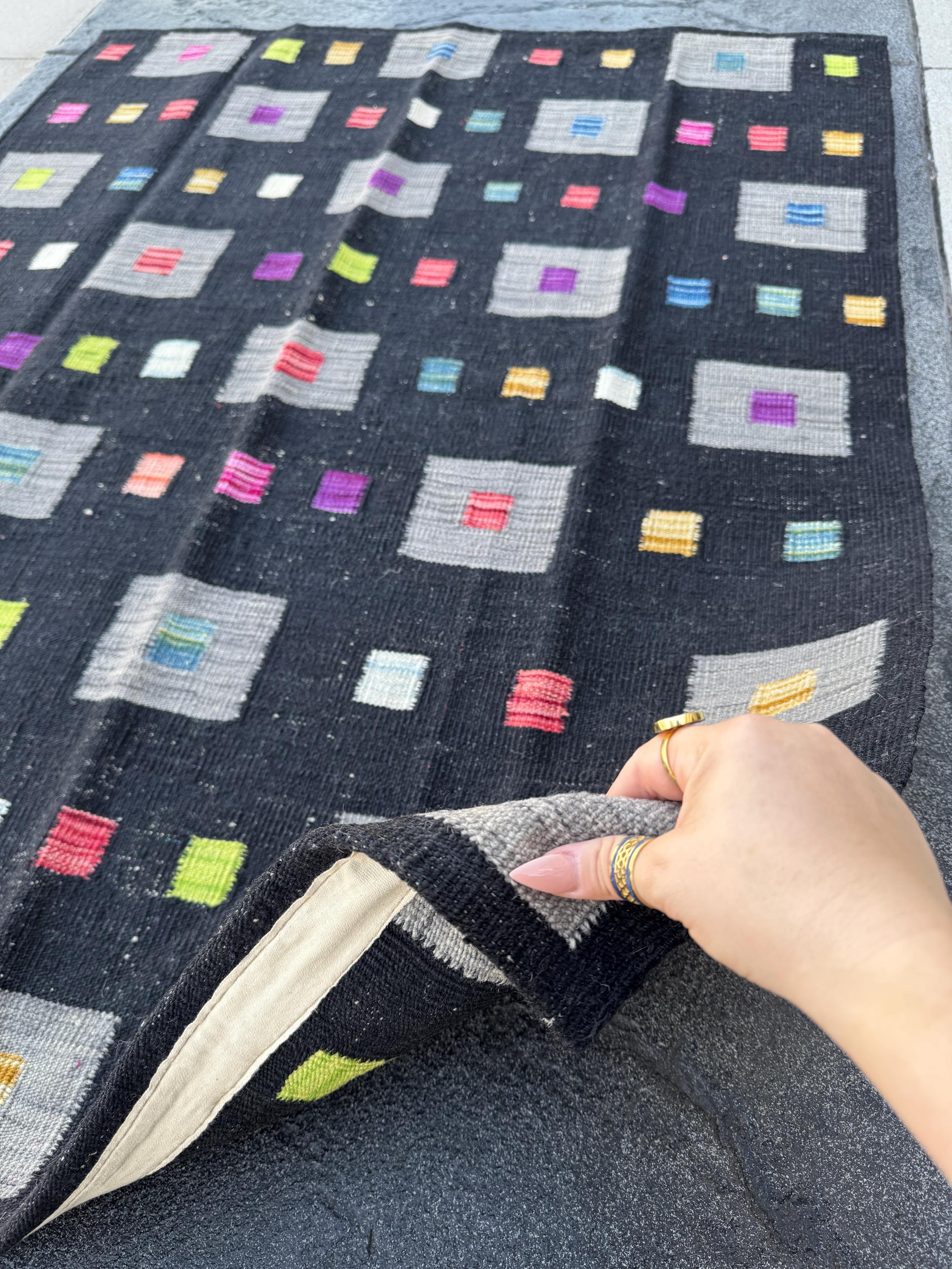 5x6 (152x182) Handmade Afghan Kilim Rug | Black Grey Lime Green Peach Orange Saffron Yellow Cream Denim Teal Blue Fuchsia Pink Purple | Wool