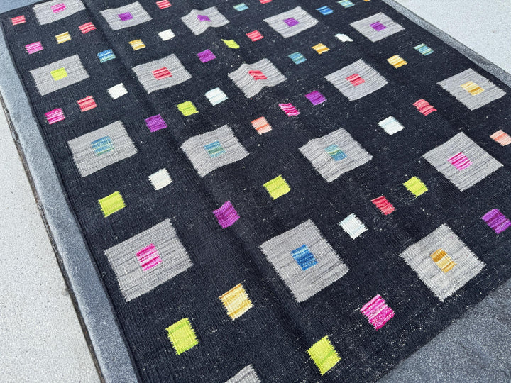 5x6 (152x182) Handmade Afghan Kilim Rug | Black Grey Lime Green Peach Orange Saffron Yellow Cream Denim Teal Blue Fuchsia Pink Purple | Wool
