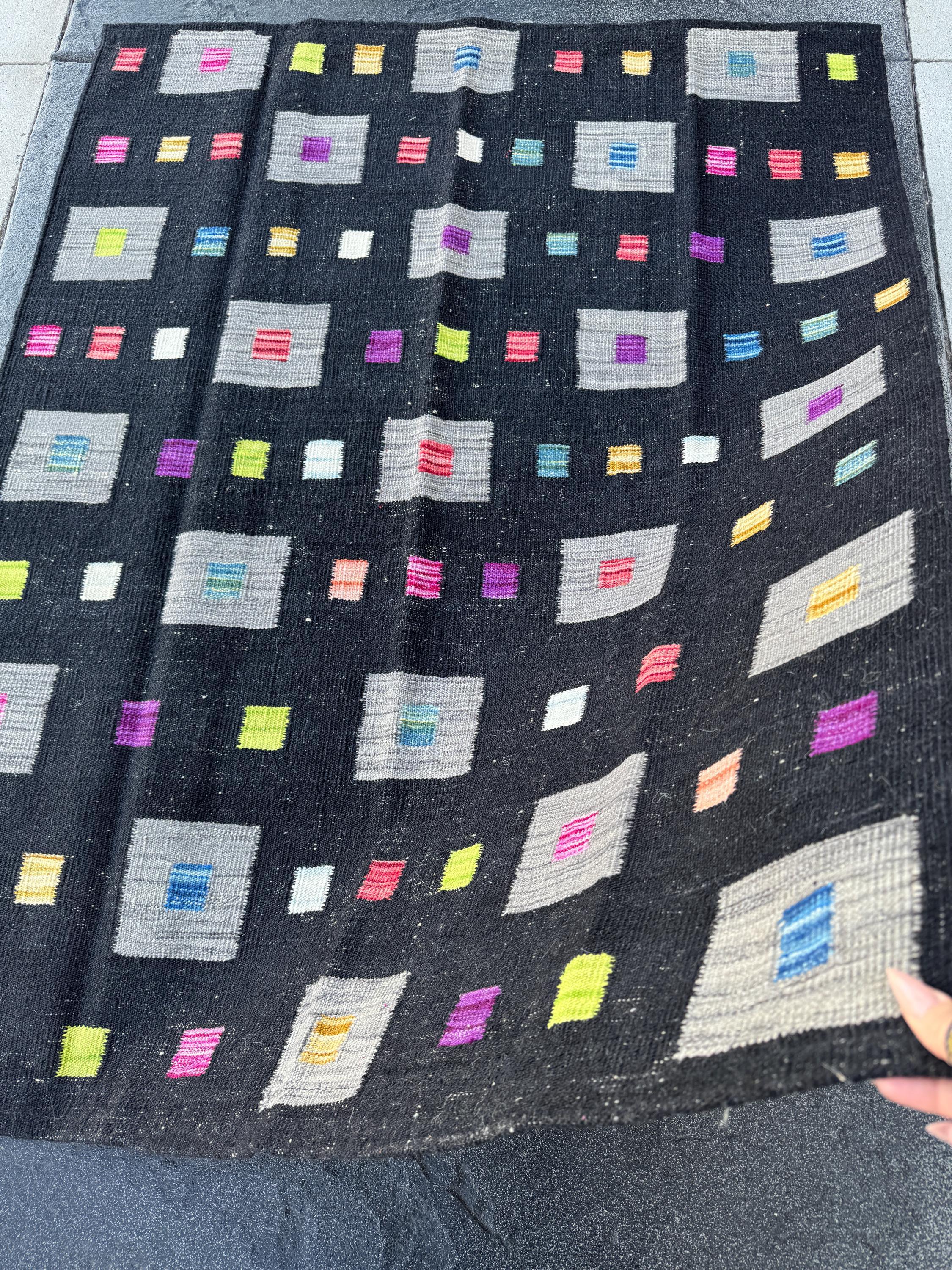5x6 (152x182) Handmade Afghan Kilim Rug | Black Grey Lime Green Peach Orange Saffron Yellow Cream Denim Teal Blue Fuchsia Pink Purple | Wool