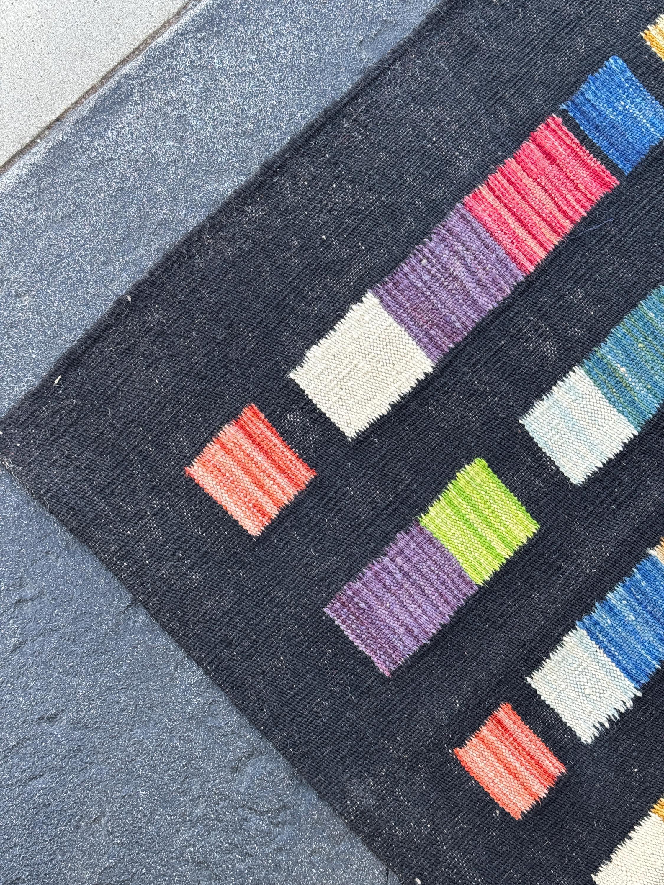 3x5 (91x152) Handmade Afghan Kilim Rug | Black Denim Teal Blue White Cream Peach Burnt Orange Blush Salmon Pink Purple Lime Green Red | Wool