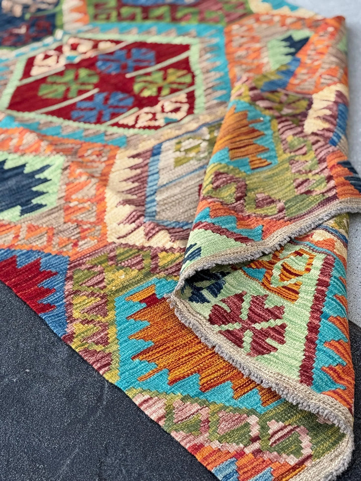3x6 Handmade Afghan Kilim Runner Rug | Tan Saffron Orange Burnt Cream Crimson Wine Red Taupe Burgundy Pine Olive Green Teal Aqua Denim Blue
