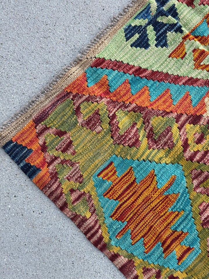 3x6 Handmade Afghan Kilim Runner Rug | Tan Saffron Orange Burnt Cream Crimson Wine Red Taupe Burgundy Pine Olive Green Teal Aqua Denim Blue