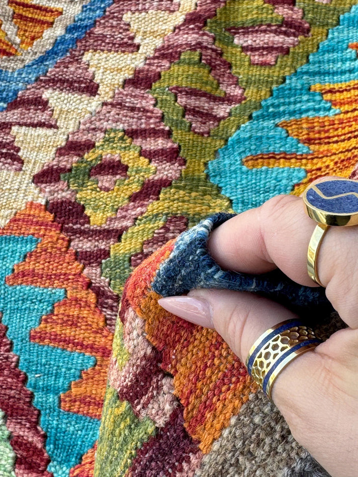 3x6 Handmade Afghan Kilim Runner Rug | Tan Saffron Orange Burnt Cream Crimson Wine Red Taupe Burgundy Pine Olive Green Teal Aqua Denim Blue