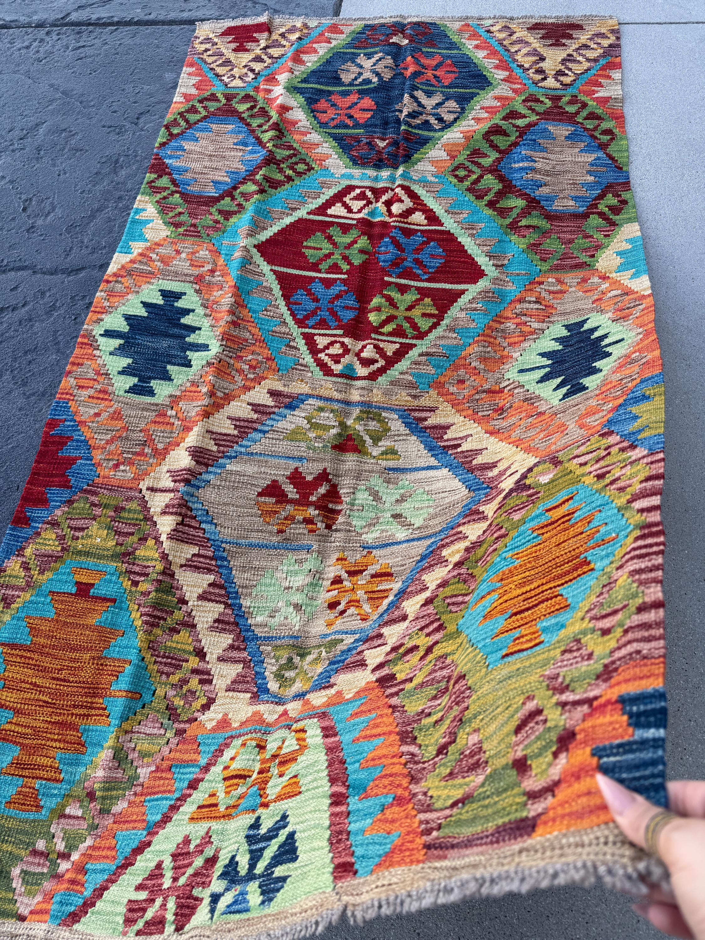 3x6 Handmade Afghan Kilim Runner Rug | Tan Saffron Orange Burnt Cream Crimson Wine Red Taupe Burgundy Pine Olive Green Teal Aqua Denim Blue