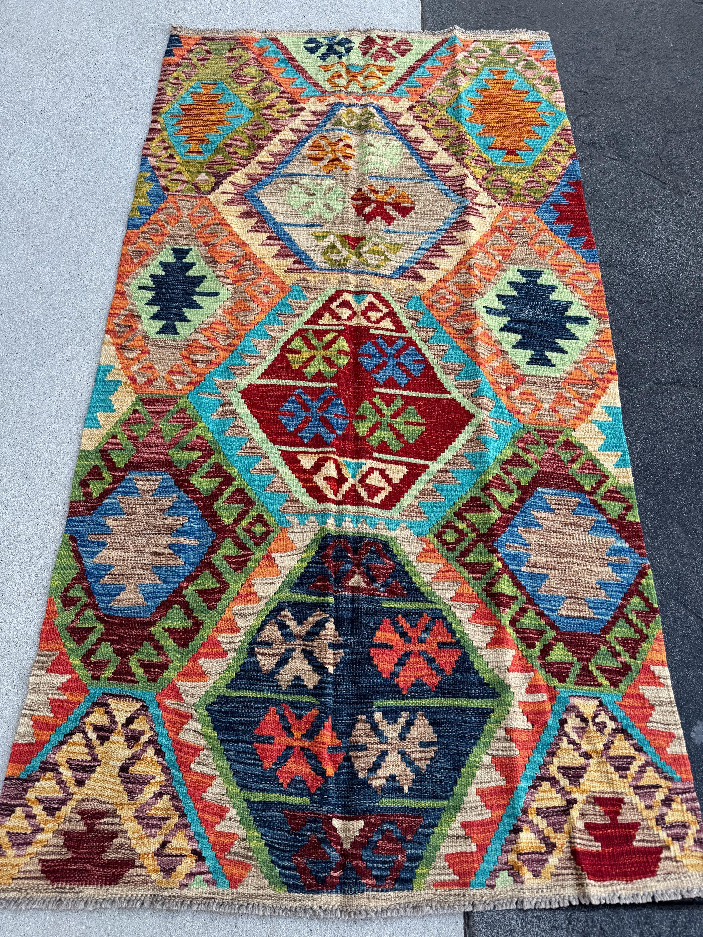 3x6 Handmade Afghan Kilim Runner Rug | Tan Saffron Orange Burnt Cream Crimson Wine Red Taupe Burgundy Pine Olive Green Teal Aqua Denim Blue