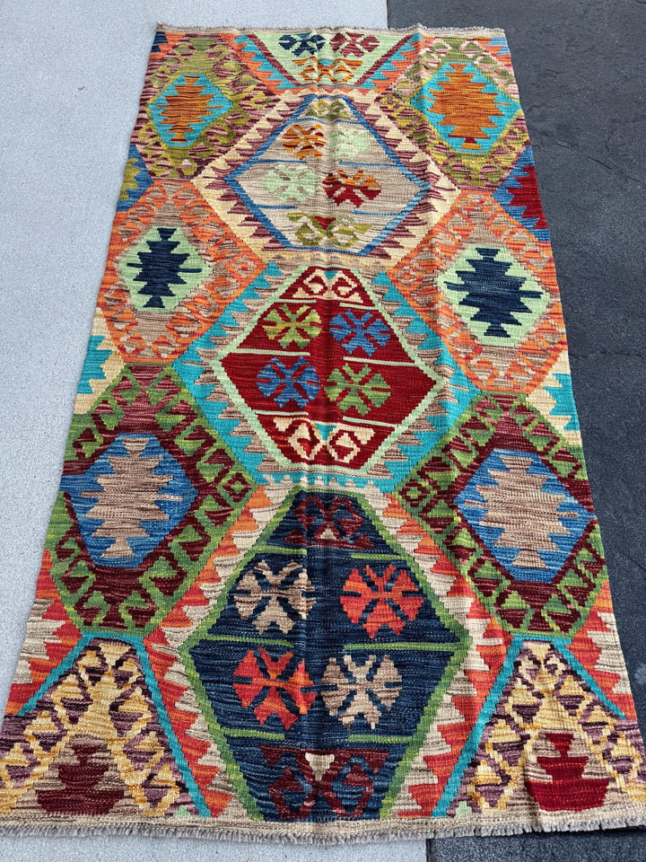 3x6 Handmade Afghan Kilim Runner Rug | Tan Saffron Orange Burnt Cream Crimson Wine Red Taupe Burgundy Pine Olive Green Teal Aqua Denim Blue