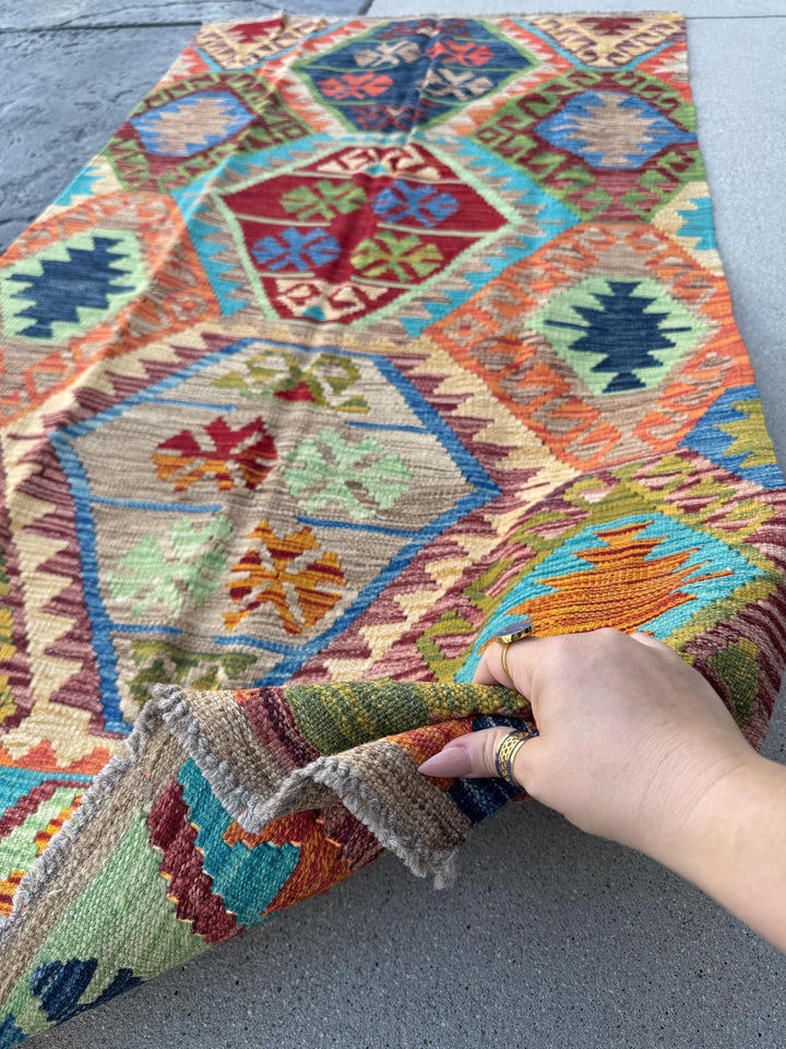 3x6 Handmade Afghan Kilim Runner Rug | Tan Saffron Orange Burnt Cream Crimson Wine Red Taupe Burgundy Pine Olive Green Teal Aqua Denim Blue