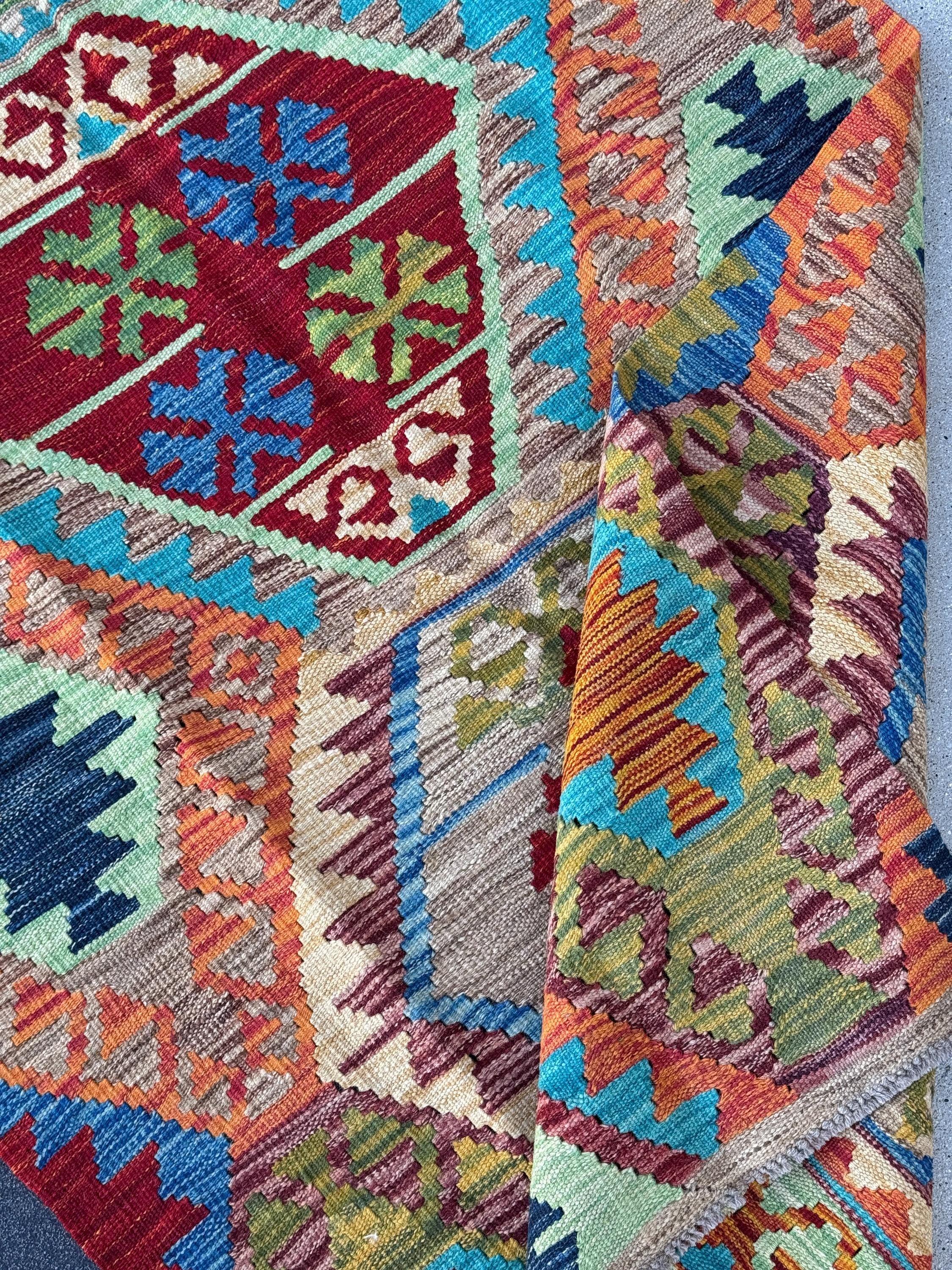 3x6 Handmade Afghan Kilim Runner Rug | Tan Saffron Orange Burnt Cream Crimson Wine Red Taupe Burgundy Pine Olive Green Teal Aqua Denim Blue