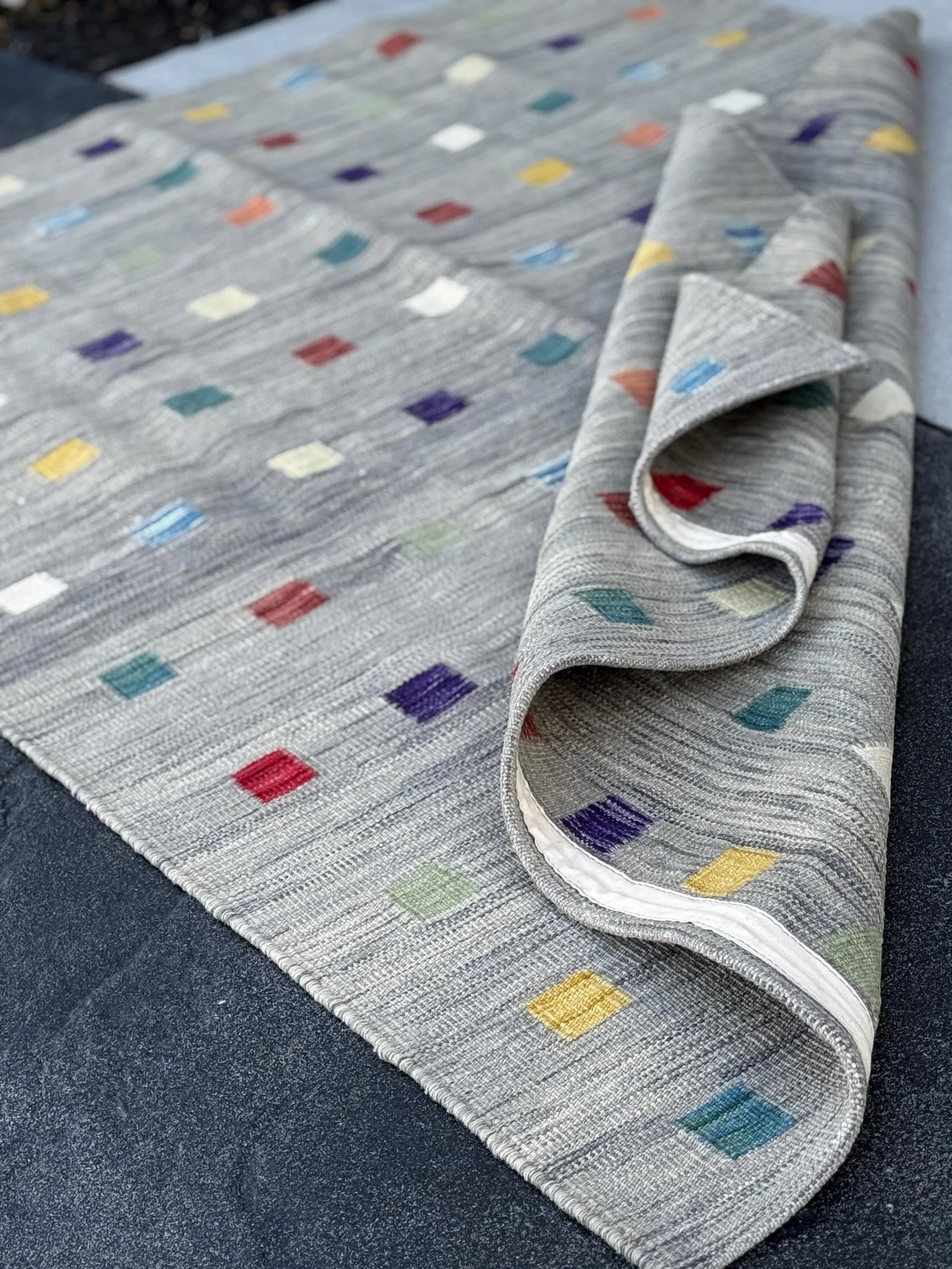 5x6 (152x182) Handmade Afghan Kilim Rug | Grey Teal Prussian Denim Blue Purple Garnet Burgundy Brick Red Mustard Yellow Cream Sage Green