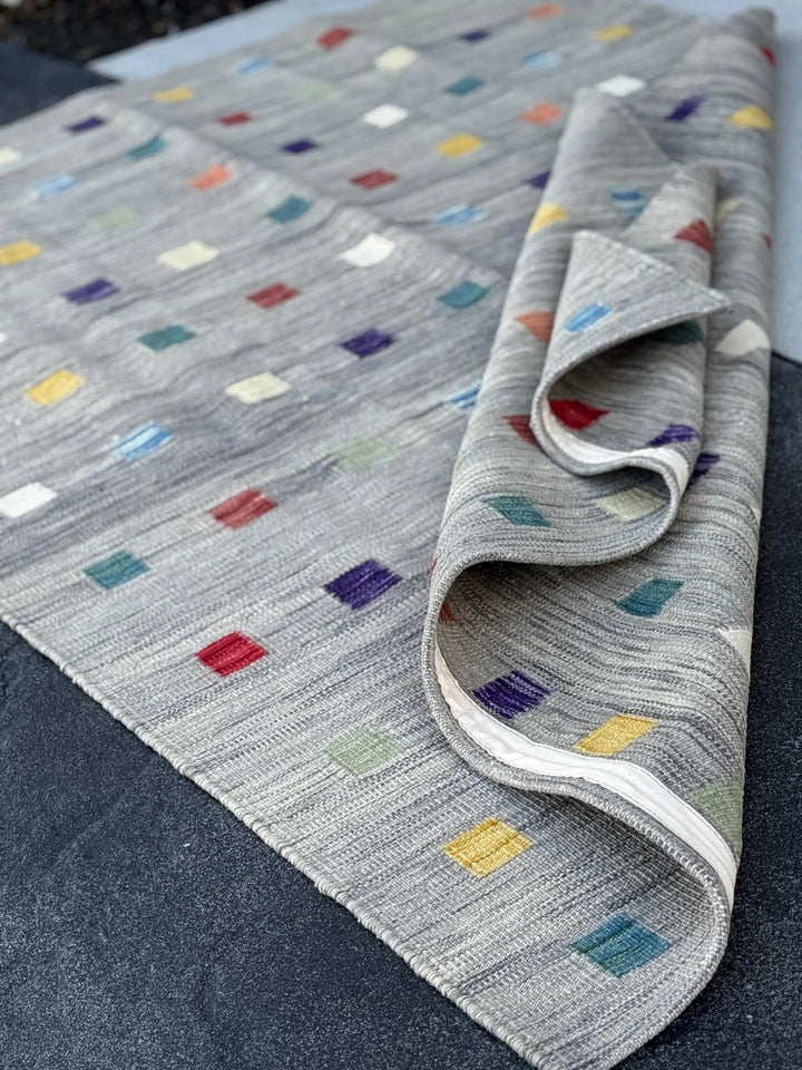 5x6 (152x182) Handmade Afghan Kilim Rug | Grey Teal Prussian Denim Blue Purple Garnet Burgundy Brick Red Mustard Yellow Cream Sage Green