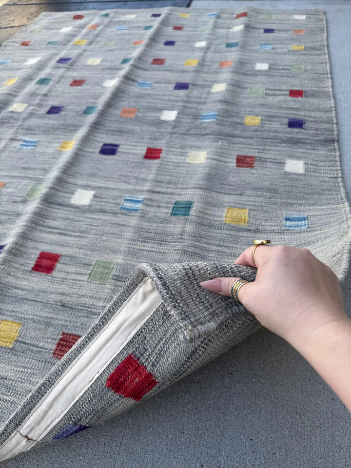 5x6 (152x182) Handmade Afghan Kilim Rug | Grey Teal Prussian Denim Blue Purple Garnet Burgundy Brick Red Mustard Yellow Cream Sage Green