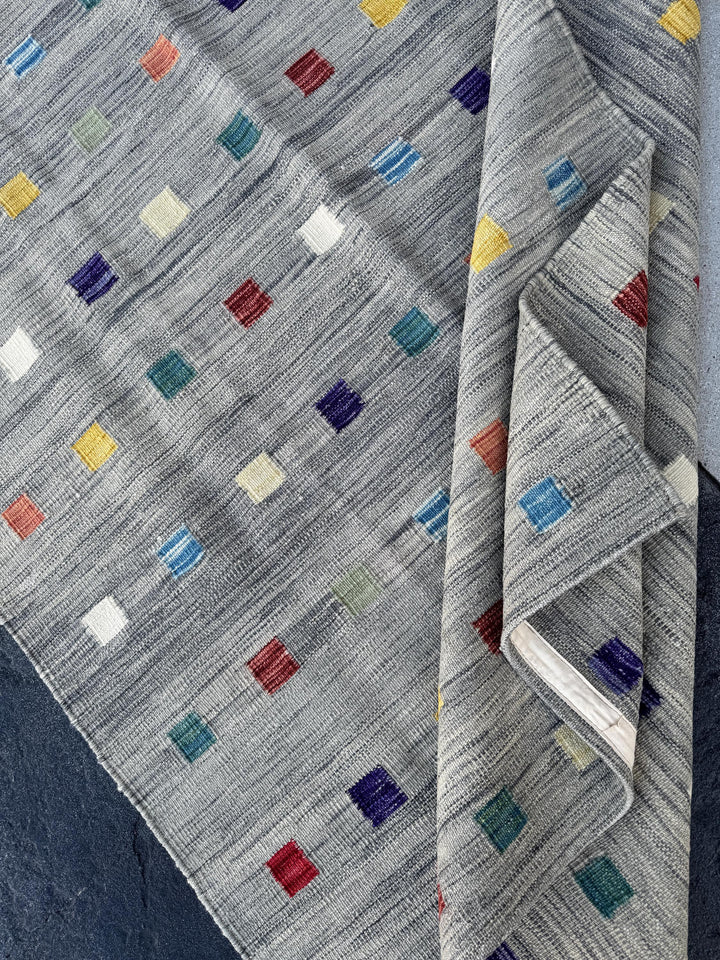 5x6 (152x182) Handmade Afghan Kilim Rug | Grey Teal Prussian Denim Blue Purple Garnet Burgundy Brick Red Mustard Yellow Cream Sage Green