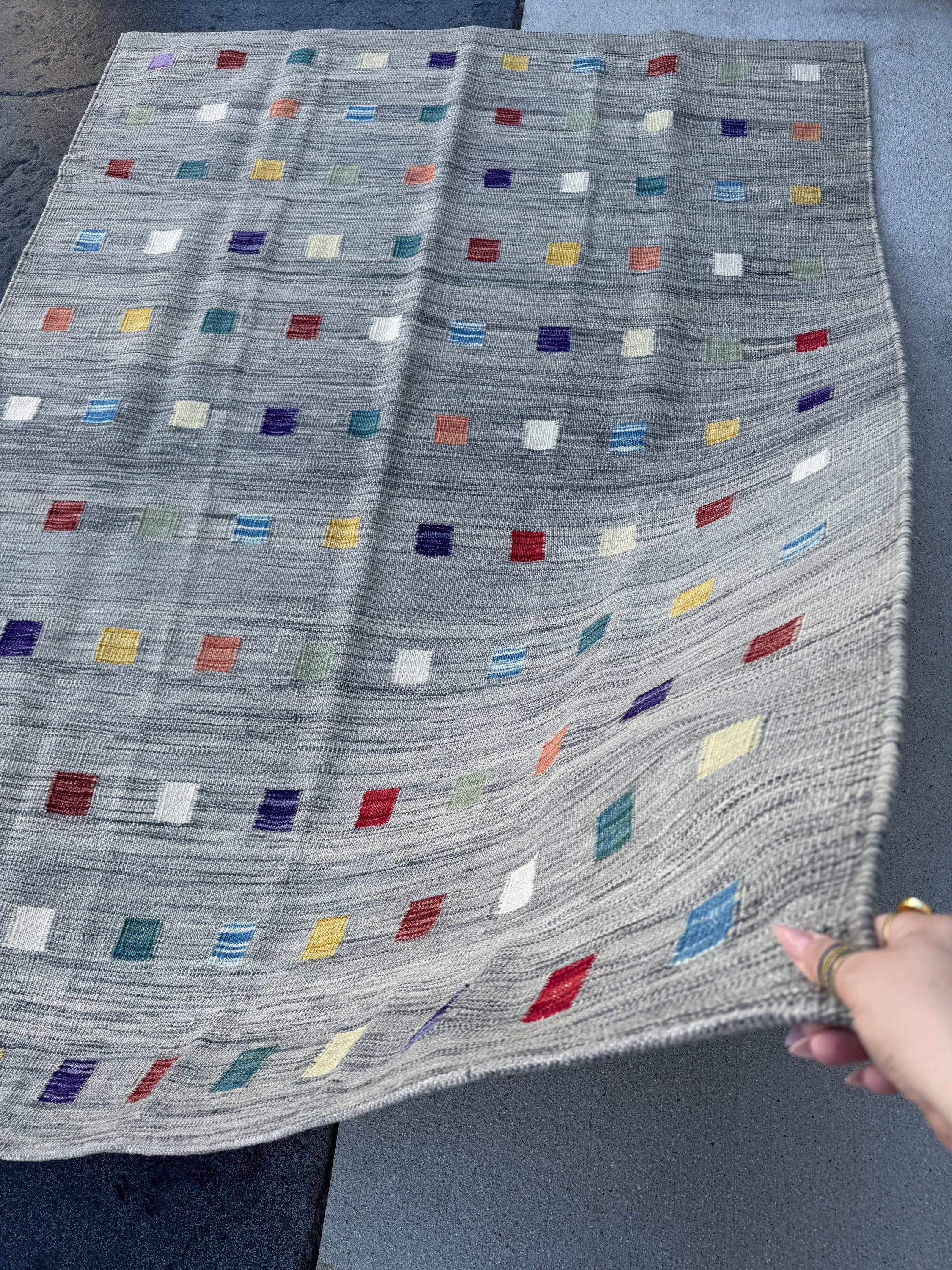 5x6 (152x182) Handmade Afghan Kilim Rug | Grey Teal Prussian Denim Blue Purple Garnet Burgundy Brick Red Mustard Yellow Cream Sage Green