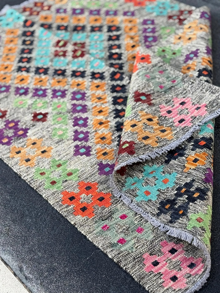 3x5 Handmade Afghan Kilim Runner Rug | Grey Mint Pine Lime Green Purple Wine Red Orange Coral Aqua Blue Black Baby Pink | Wool Flatweave
