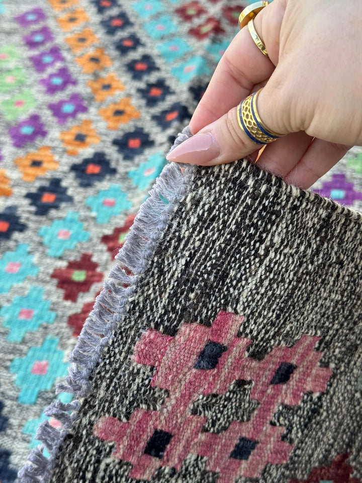 3x5 Handmade Afghan Kilim Runner Rug | Grey Mint Pine Lime Green Purple Wine Red Orange Coral Aqua Blue Black Baby Pink | Wool Flatweave