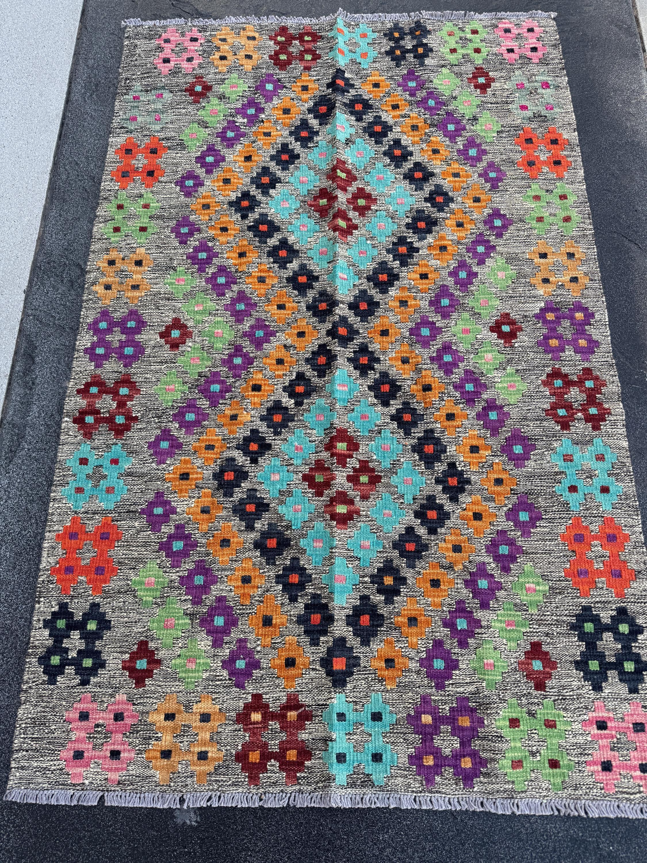 3x5 Handmade Afghan Kilim Runner Rug | Grey Mint Pine Lime Green Purple Wine Red Orange Coral Aqua Blue Black Baby Pink | Wool Flatweave