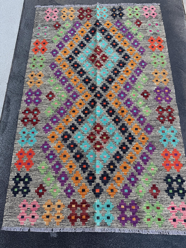 3x5 Handmade Afghan Kilim Runner Rug | Grey Mint Pine Lime Green Purple Wine Red Orange Coral Aqua Blue Black Baby Pink | Wool Flatweave