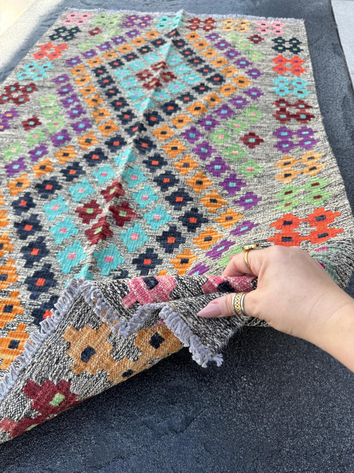 3x5 Handmade Afghan Kilim Runner Rug | Grey Mint Pine Lime Green Purple Wine Red Orange Coral Aqua Blue Black Baby Pink | Wool Flatweave