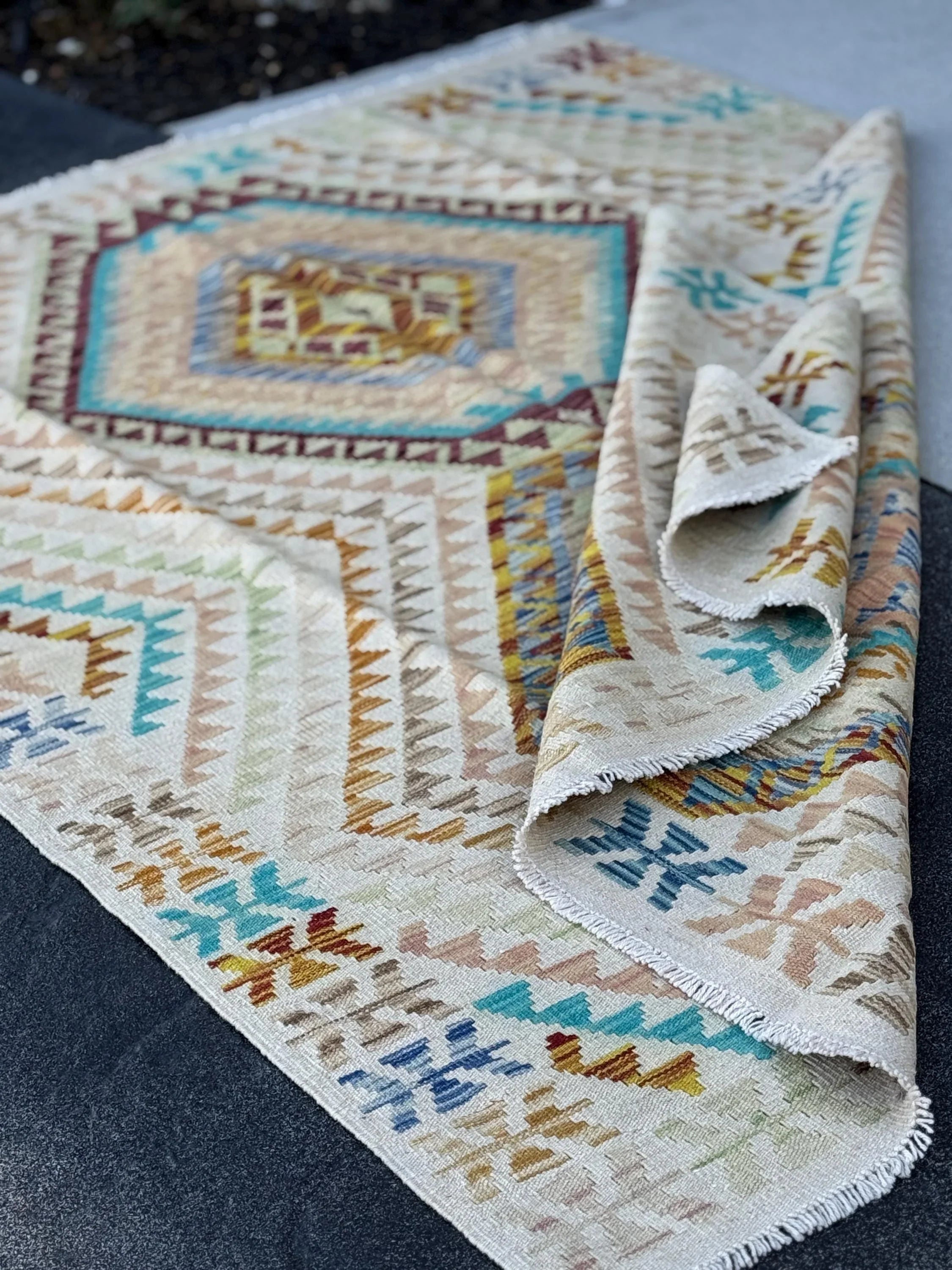 5x6 Handmade Afghan Kilim Runner Rug | Cream Tan Sand Burnt Orange Aqua Denim Blue Blush Coral Pink Chocolate Brown Taupe | Wool Flatweave