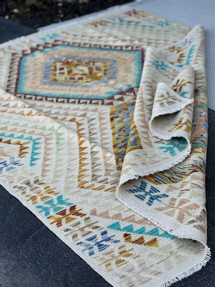 5x6 Handmade Afghan Kilim Runner Rug | Cream Tan Sand Burnt Orange Aqua Denim Blue Blush Coral Pink Chocolate Brown Taupe | Wool Flatweave