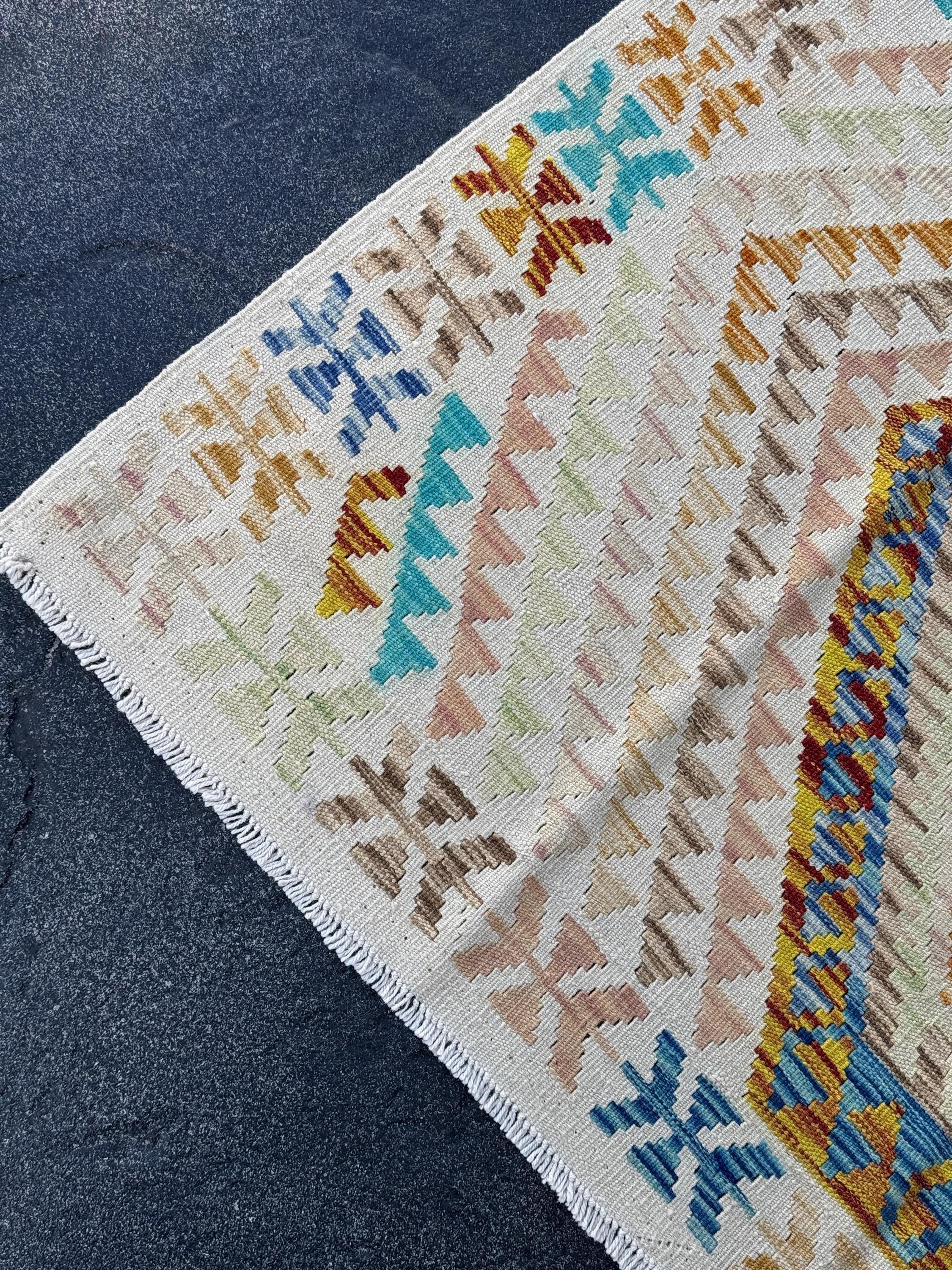 5x6 Handmade Afghan Kilim Runner Rug | Cream Tan Sand Burnt Orange Aqua Denim Blue Blush Coral Pink Chocolate Brown Taupe | Wool Flatweave