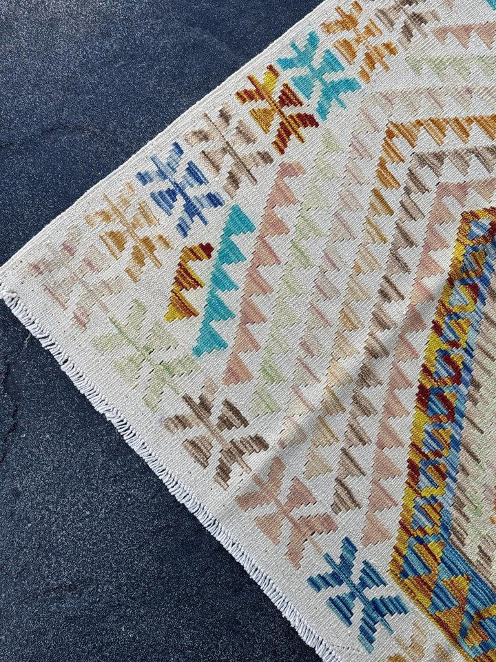 5x6 Handmade Afghan Kilim Runner Rug | Cream Tan Sand Burnt Orange Aqua Denim Blue Blush Coral Pink Chocolate Brown Taupe | Wool Flatweave