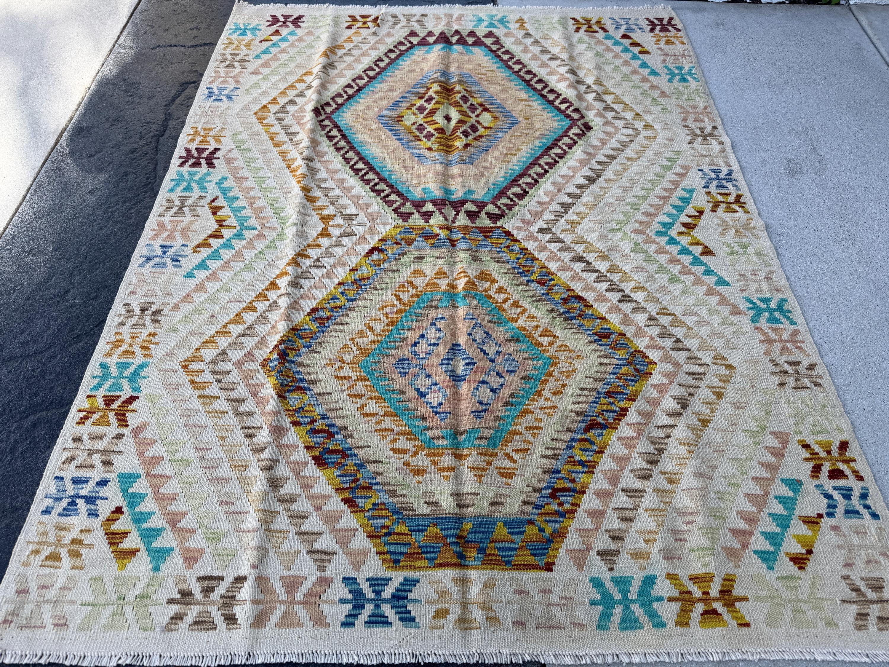 5x6 Handmade Afghan Kilim Runner Rug | Cream Tan Sand Burnt Orange Aqua Denim Blue Blush Coral Pink Chocolate Brown Taupe | Wool Flatweave