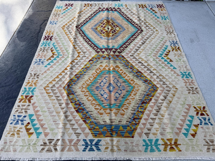 5x6 Handmade Afghan Kilim Runner Rug | Cream Tan Sand Burnt Orange Aqua Denim Blue Blush Coral Pink Chocolate Brown Taupe | Wool Flatweave