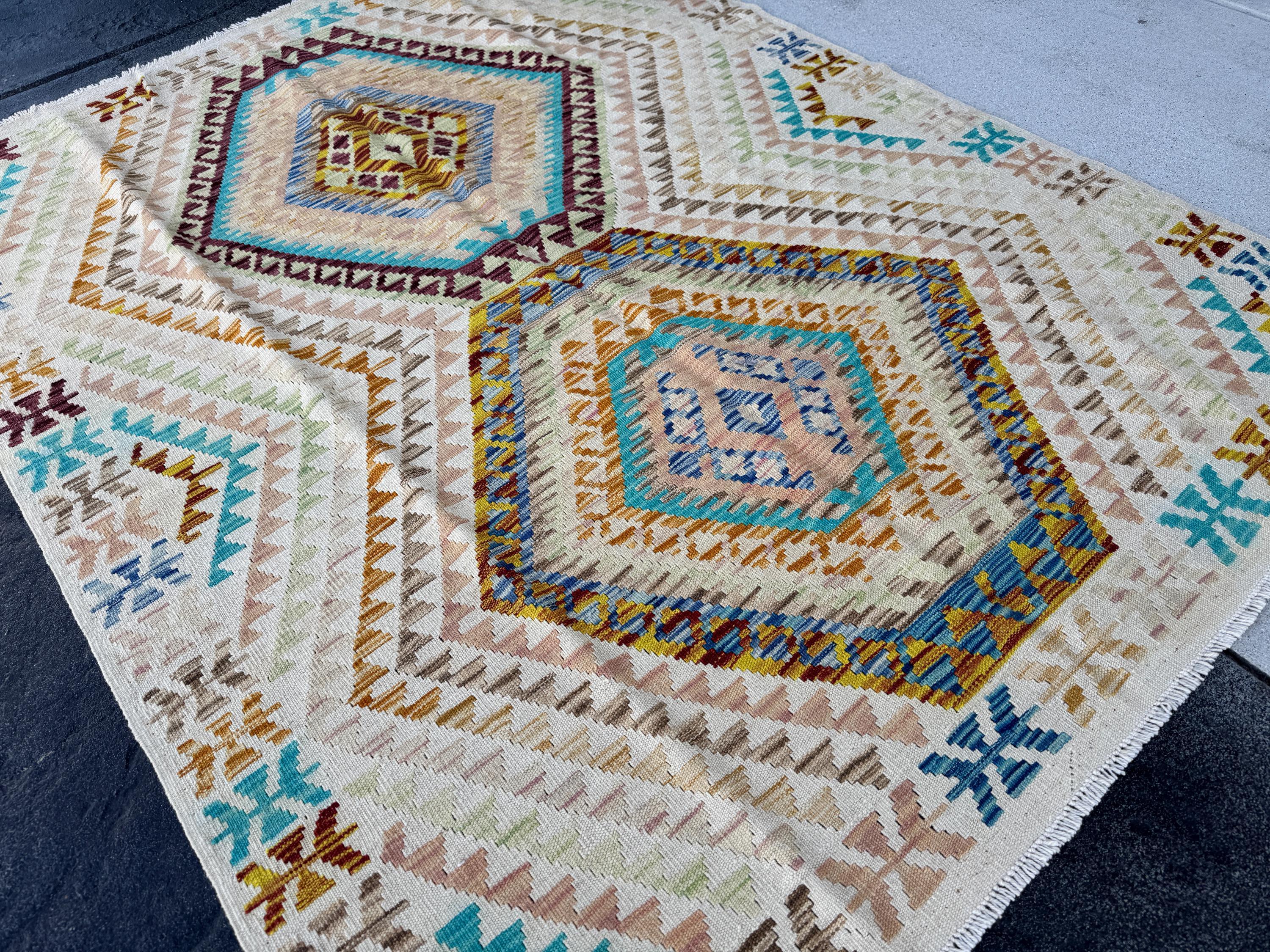 5x6 Handmade Afghan Kilim Runner Rug | Cream Tan Sand Burnt Orange Aqua Denim Blue Blush Coral Pink Chocolate Brown Taupe | Wool Flatweave