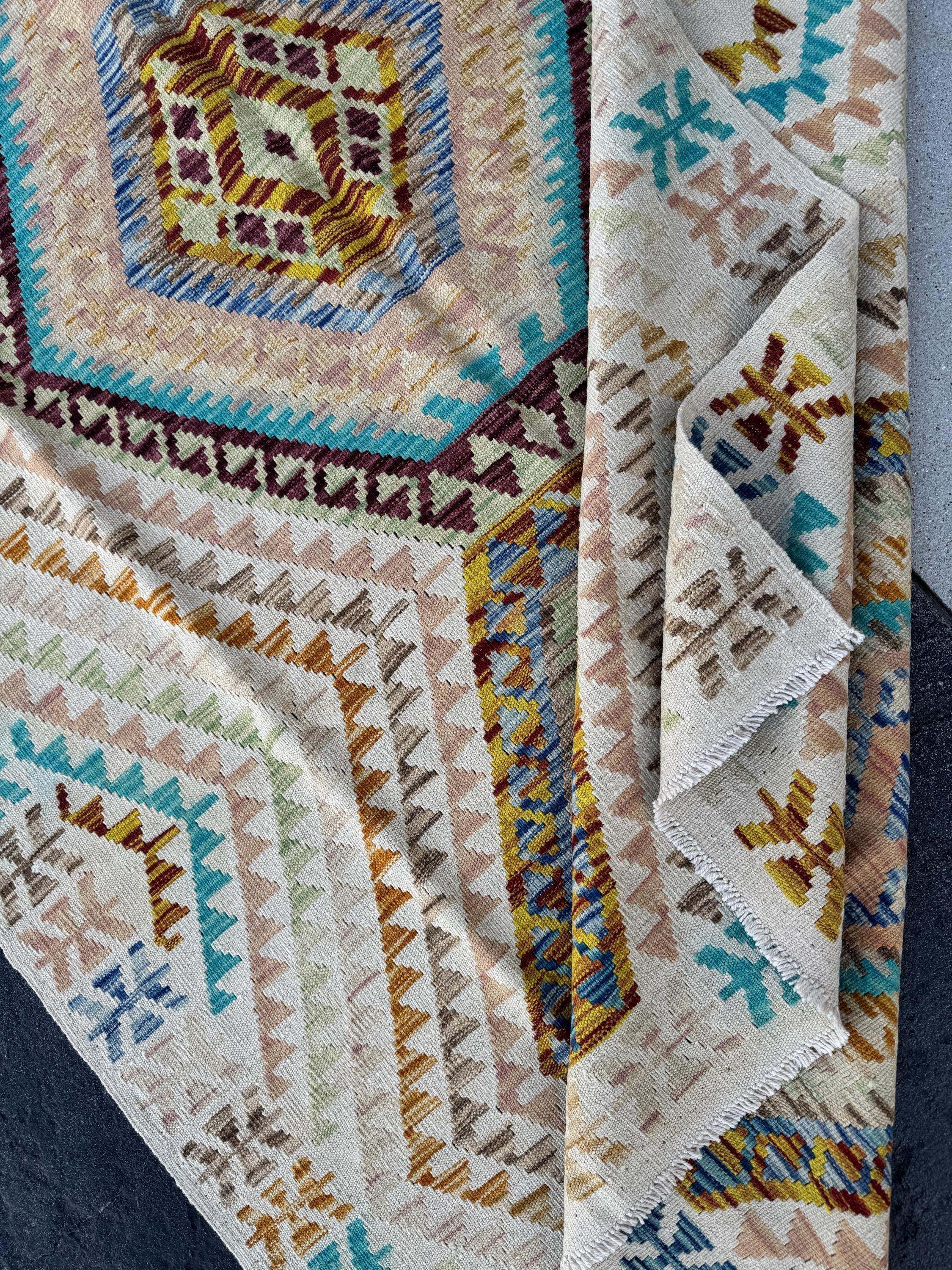 5x6 Handmade Afghan Kilim Runner Rug | Cream Tan Sand Burnt Orange Aqua Denim Blue Blush Coral Pink Chocolate Brown Taupe | Wool Flatweave