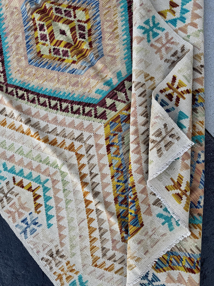 5x6 Handmade Afghan Kilim Runner Rug | Cream Tan Sand Burnt Orange Aqua Denim Blue Blush Coral Pink Chocolate Brown Taupe | Wool Flatweave