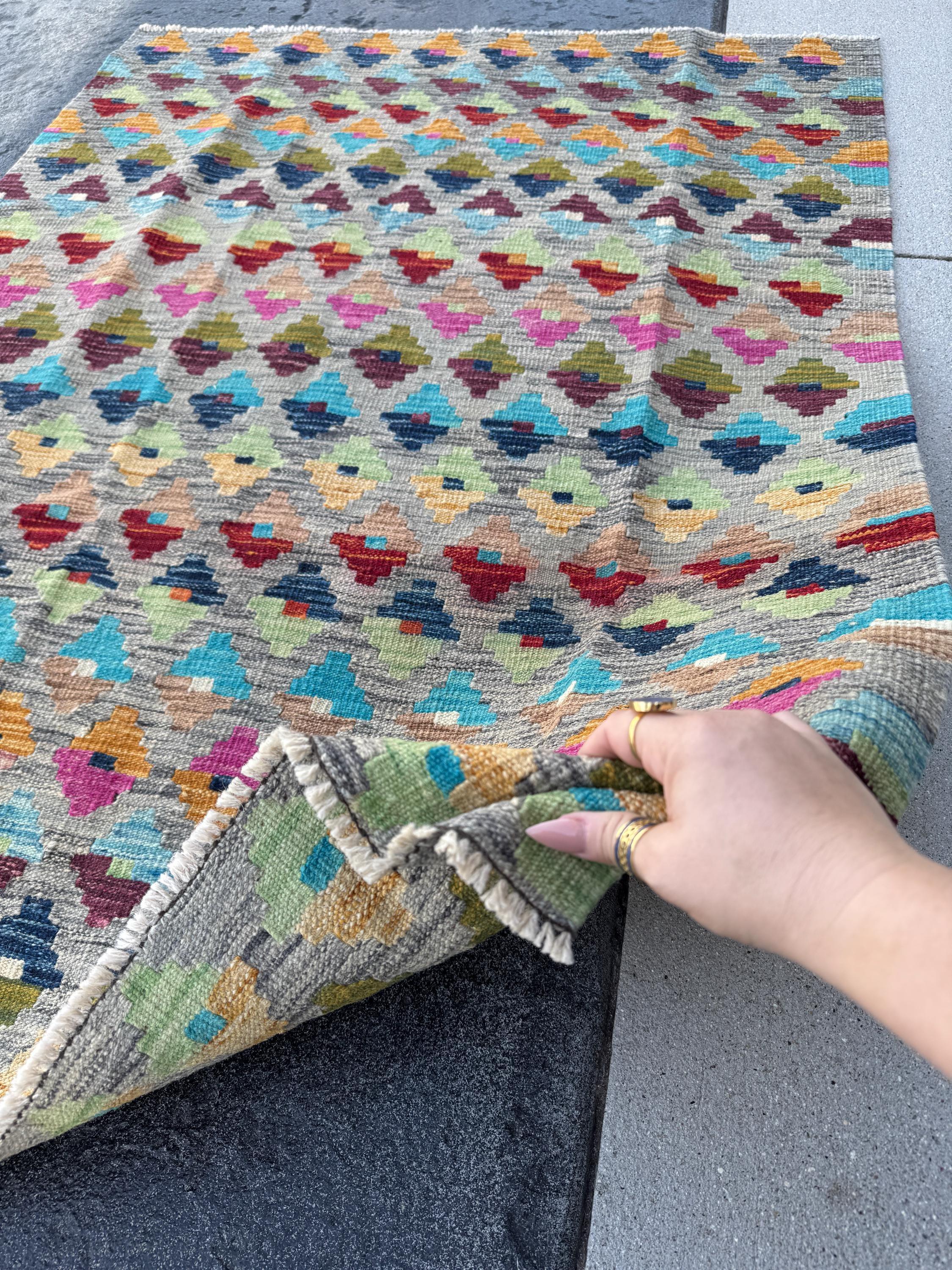 3x5 Handmade Afghan Kilim Rug | Grey Mint Olive Moss Green Navy Denim Aqua Blue Tan Peach Burnt Orange Fuchsia Pink Garnet Wine Red Purple