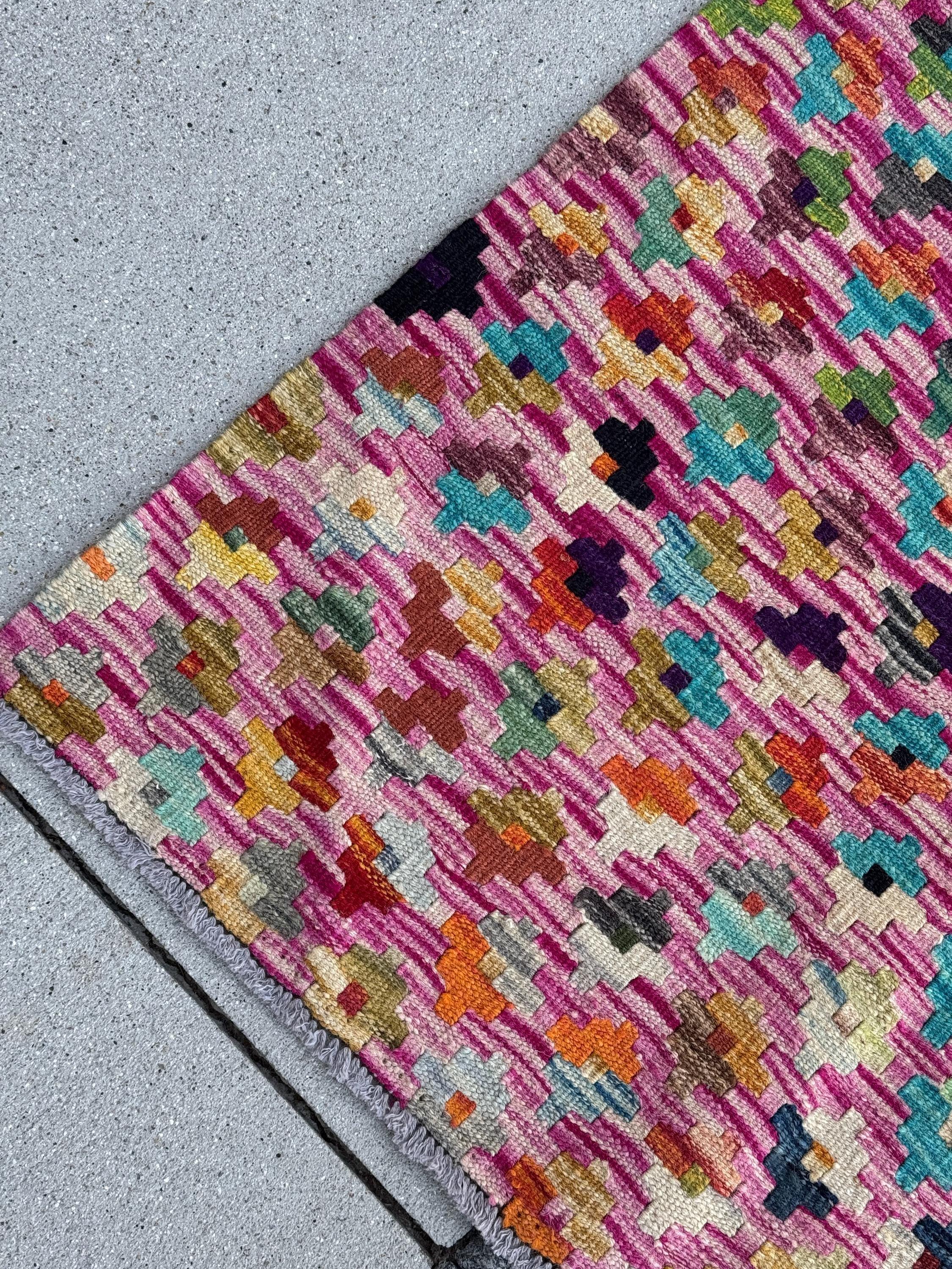 3x4 Handmade Afghan Kilim Rug | Fuchsia Pink Purple Teal Aqua Navy Powder Blue Cream Yellow Wine Garnet Red Forest Olive Moss Green Orange