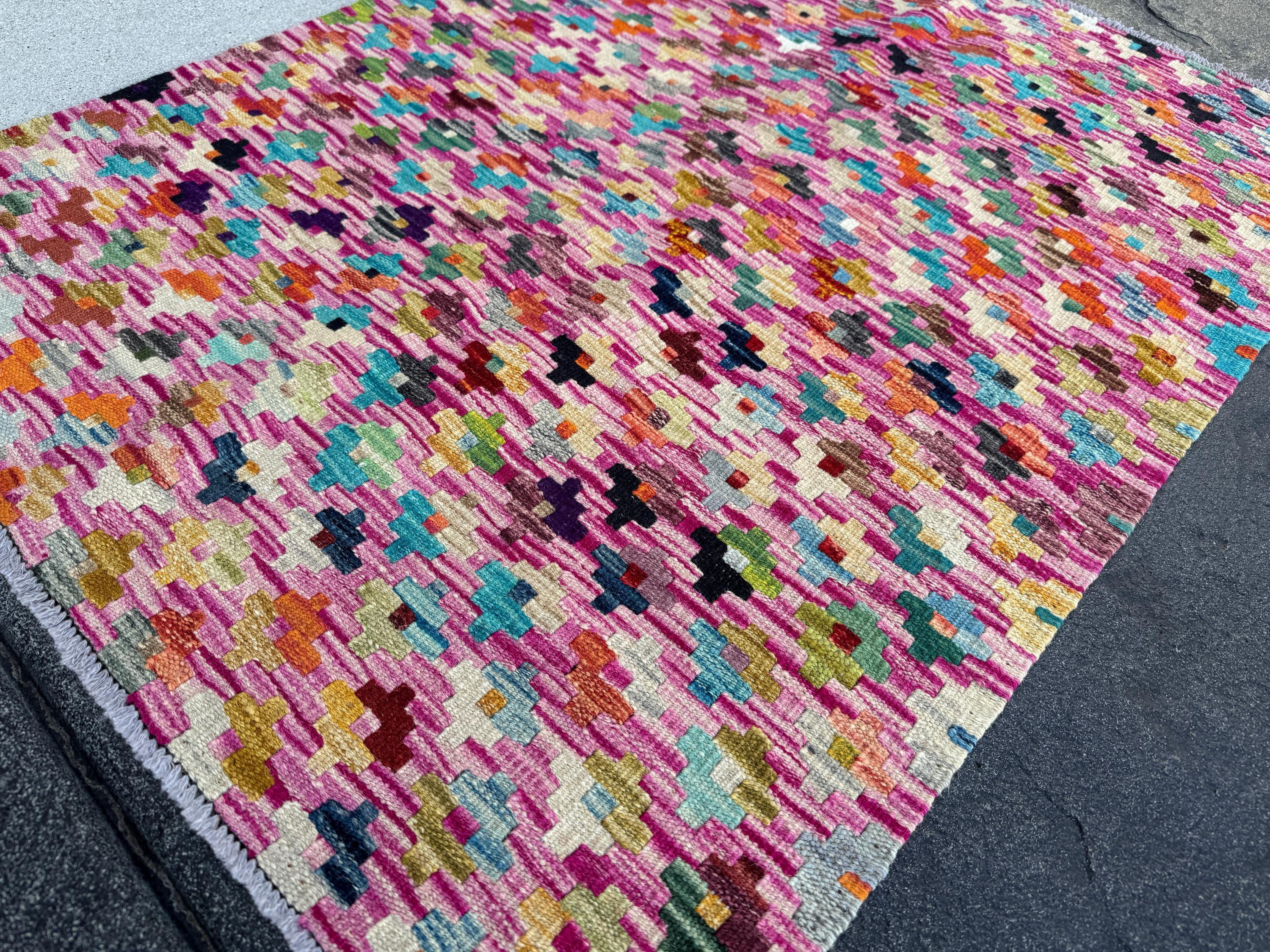 3x4 Handmade Afghan Kilim Rug | Fuchsia Pink Purple Teal Aqua Navy Powder Blue Cream Yellow Wine Garnet Red Forest Olive Moss Green Orange