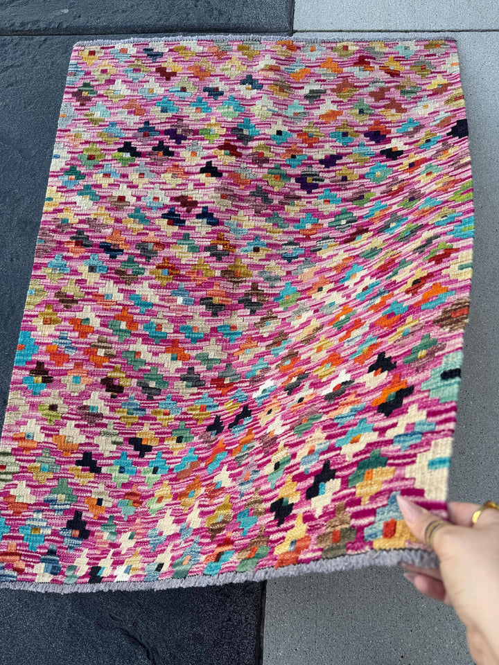 3x4 Handmade Afghan Kilim Rug | Fuchsia Pink Purple Teal Aqua Navy Powder Blue Cream Yellow Wine Garnet Red Forest Olive Moss Green Orange