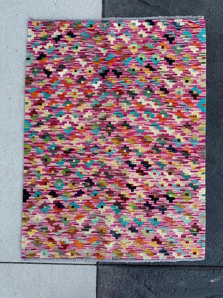 3x4 Handmade Afghan Kilim Rug | Fuchsia Pink Purple Teal Aqua Navy Powder Blue Cream Yellow Wine Garnet Red Forest Olive Moss Green Orange