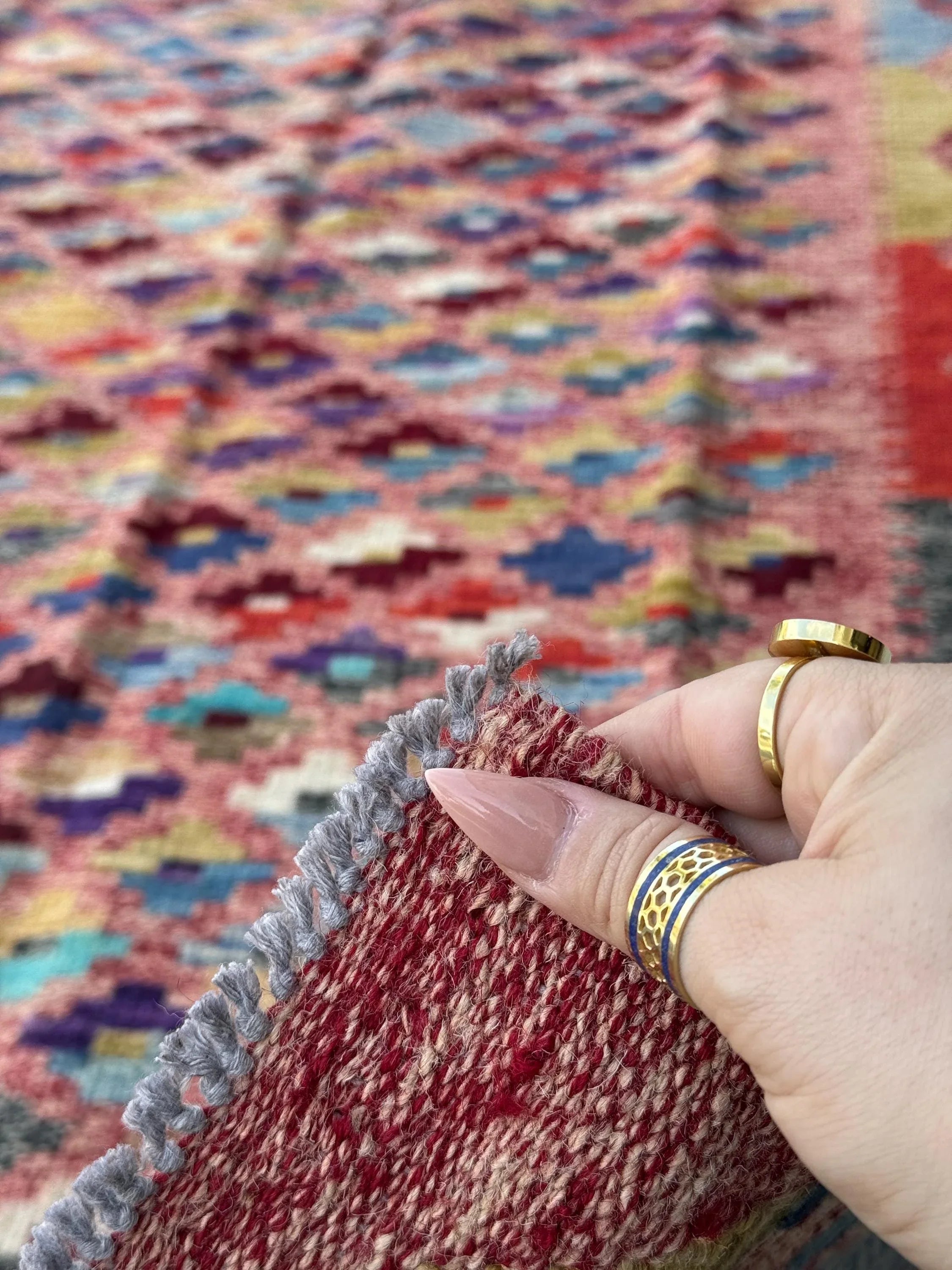3x7 (91x1213) Handmade Afghan Kilim Rug | Rose Salmon Blush Pink Brick Wine Garnet Red Orange Denim Aqua Blue Olive Green Grey Yellow Cream